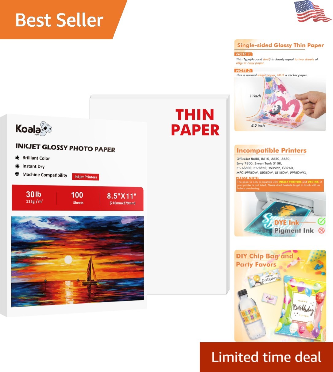 Koala Glossy Thin Inkjet Paper 8.5x11, 100 Sheets: Fast-Dry, No Smudge Printing