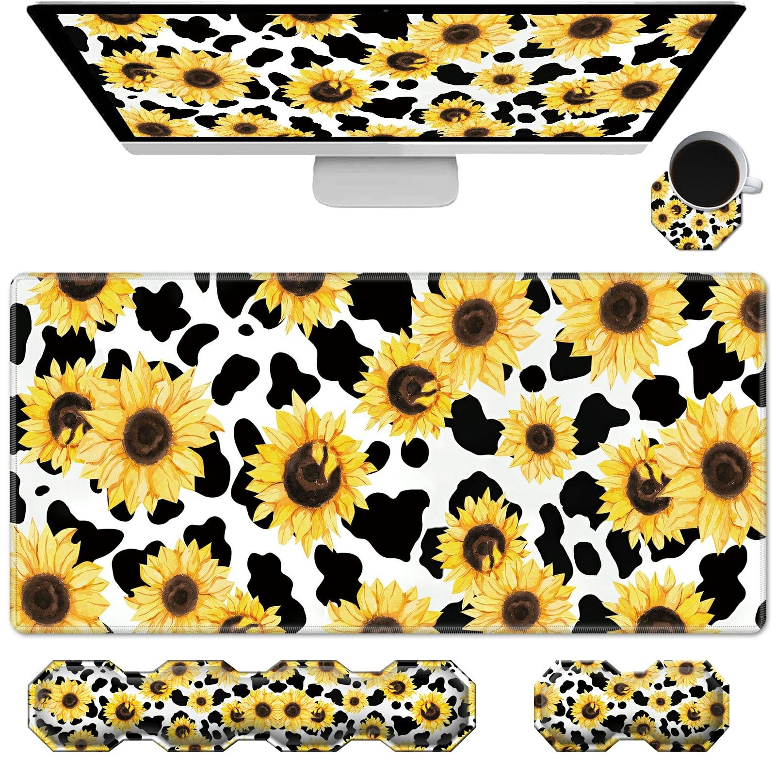 Gaming Mouse Pad Wrist Desk & Rest 4 Pcs Set, Cow Print Sunflowers