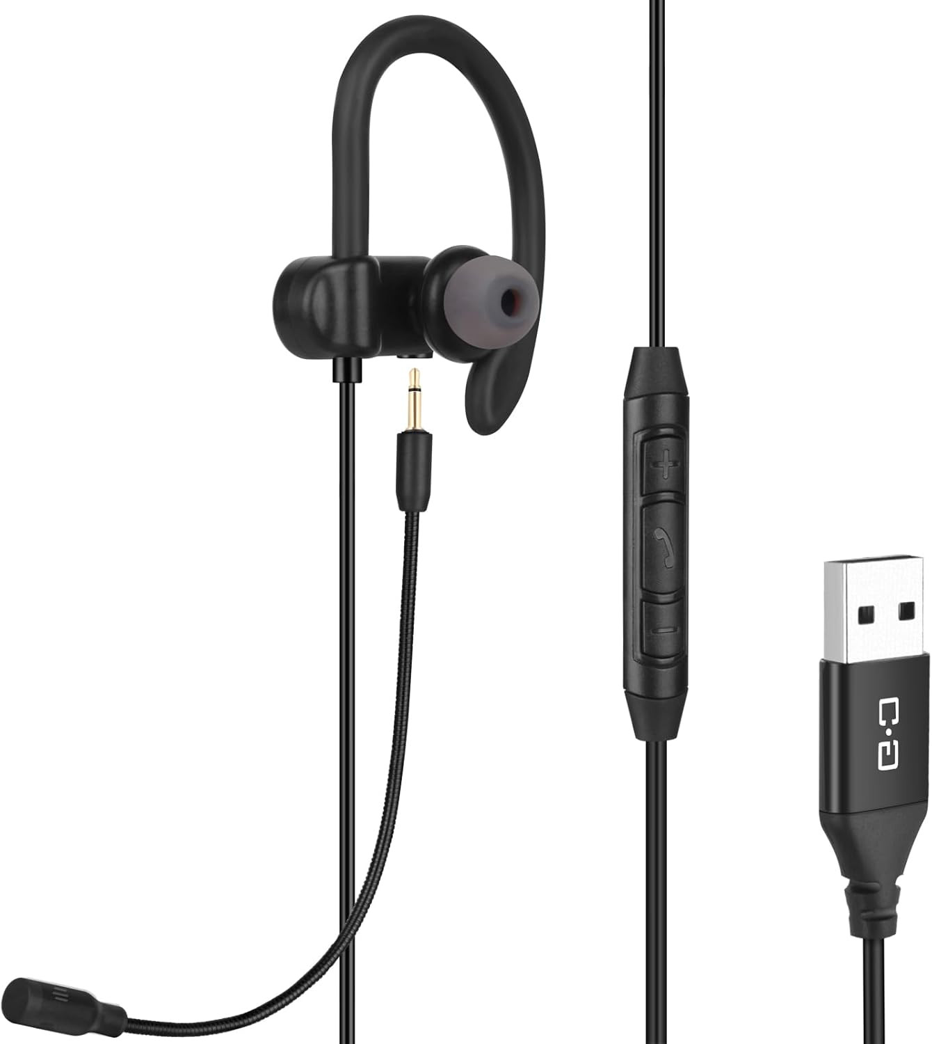 Single-Side USB Earbud with Boom Mic, USB-A Headphone for PC, Mac, Laptop, Deskt