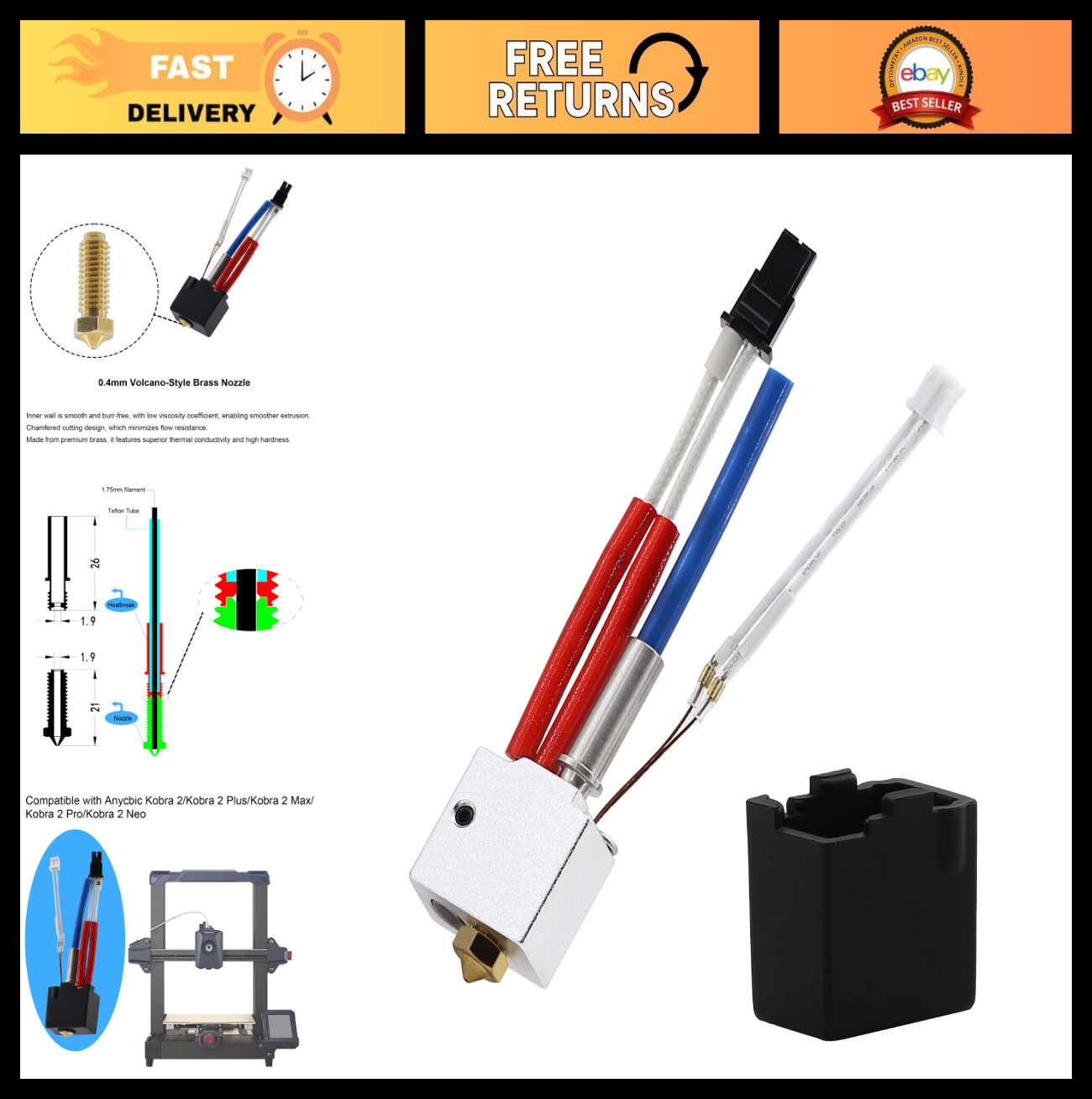 3D Printer Hotend Upgrade Kit V5 J-Head 24V 60W Compatible with Kobra 2 Models