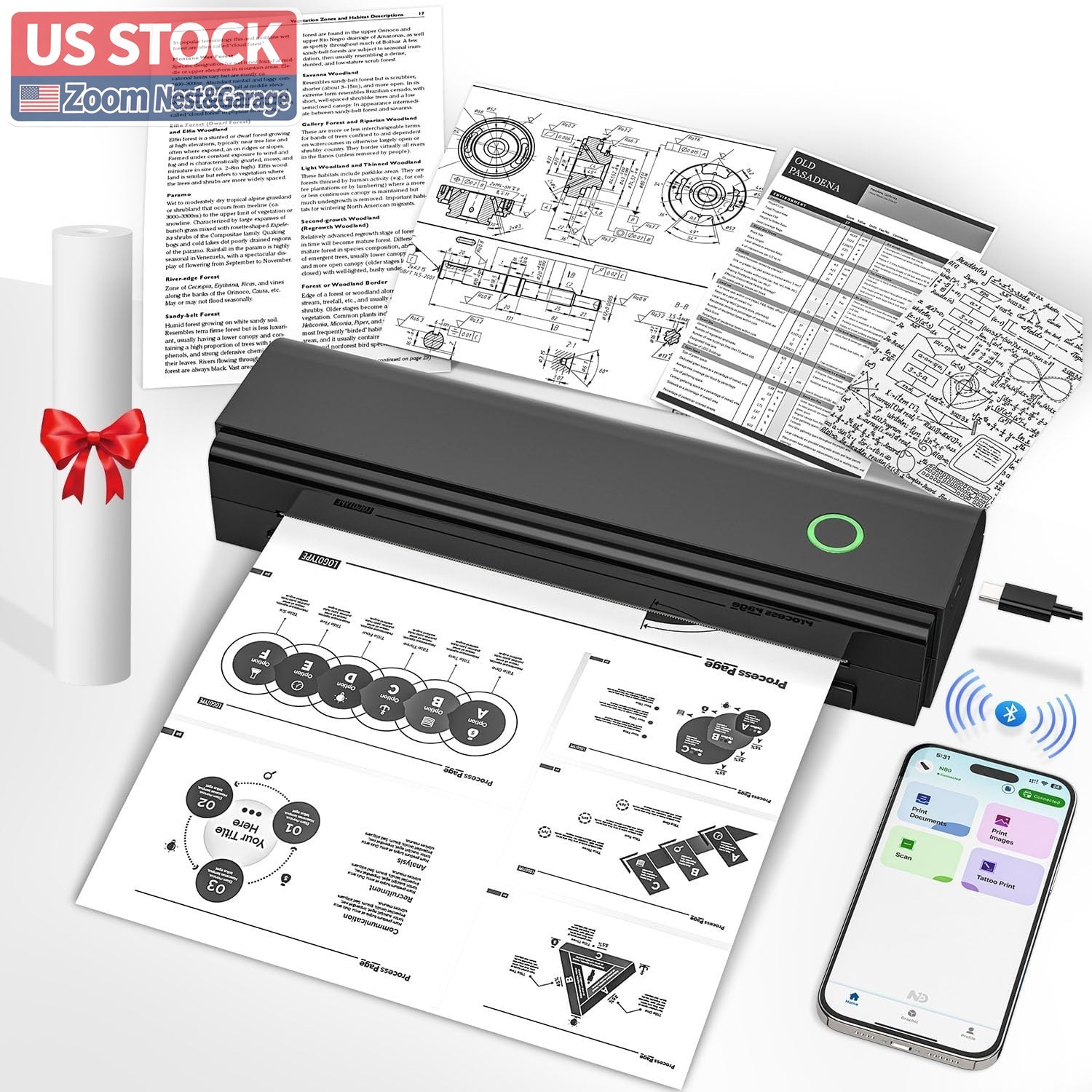 US Stock Portable Wireless Printer Bluetooth Thermal 8.5x11 A4 Inkless