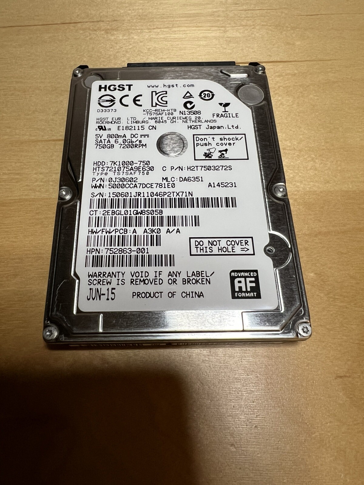 HGST 750GB SATA Hard Drive HTS721075A9E630 P/N: 0J30602 MLC: DA6351 AKA Hitachi 