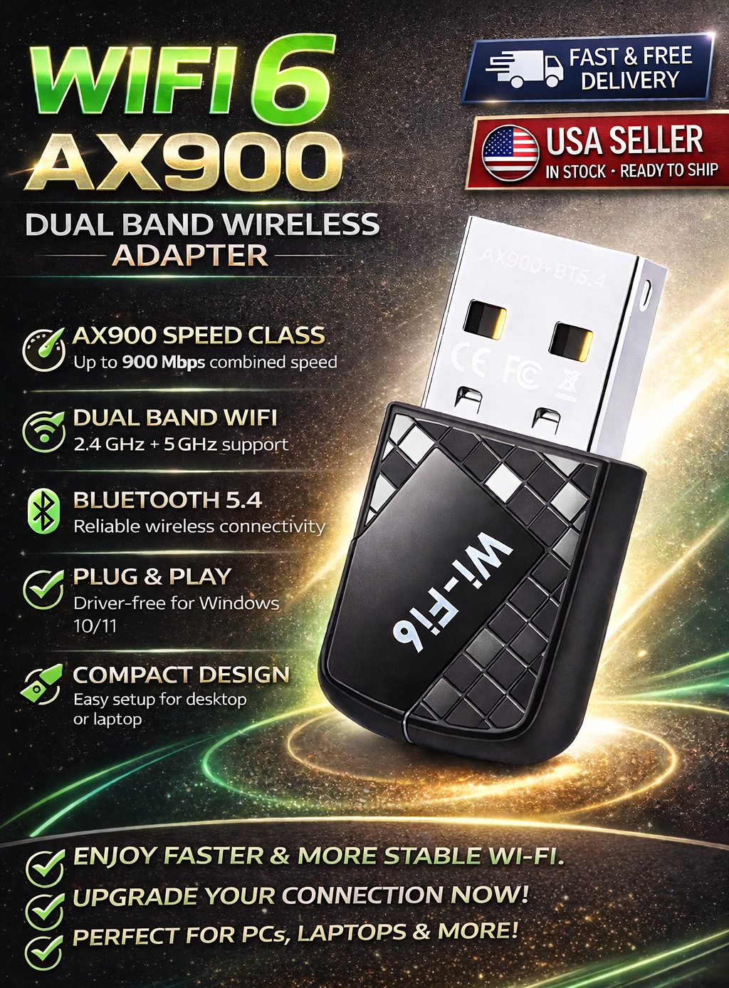WiFi Adapter USB WiFi 6 900Mbps Bluetooth 5.4 Dual Band 2.4G/5G Dongle