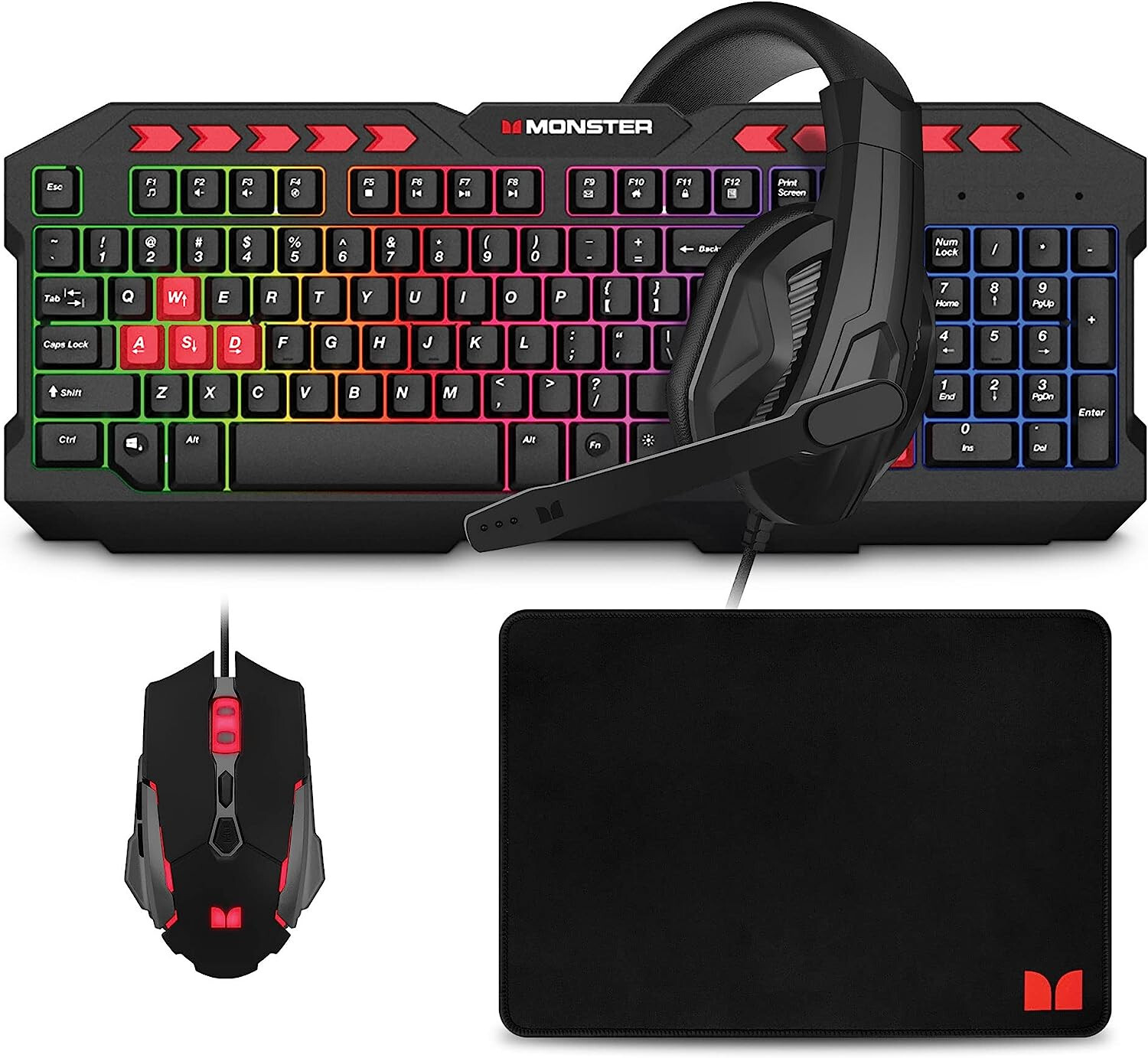 Monster Campaign 4-1 Gaming Bundle (Mouse, Headset, Keyboard, Mouse Pad), Black