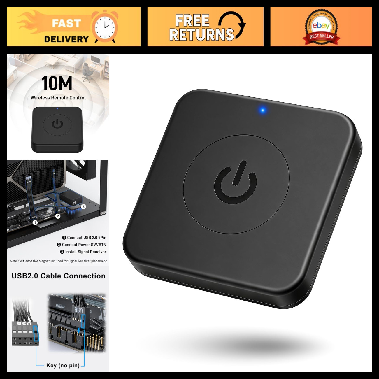 Wireless PC Power Button Switch - Remote ON/OFF for Computer, USB 2.0 Powered