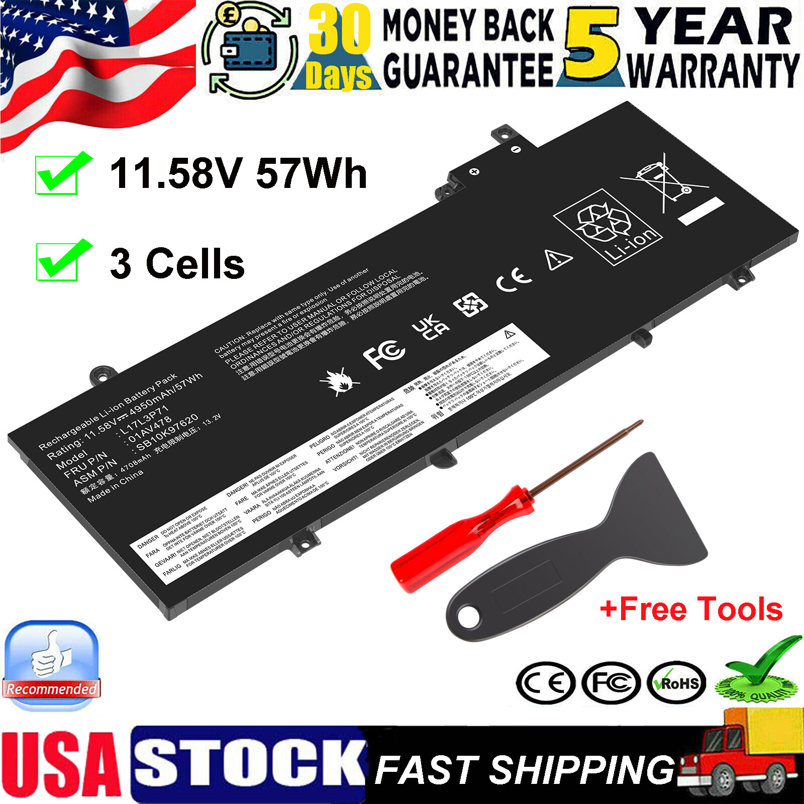 01AV478 Battery For Lenovo ThinkPad T480s 01AV479 01AV480 L17M3P71 L17L3P71 NEW
