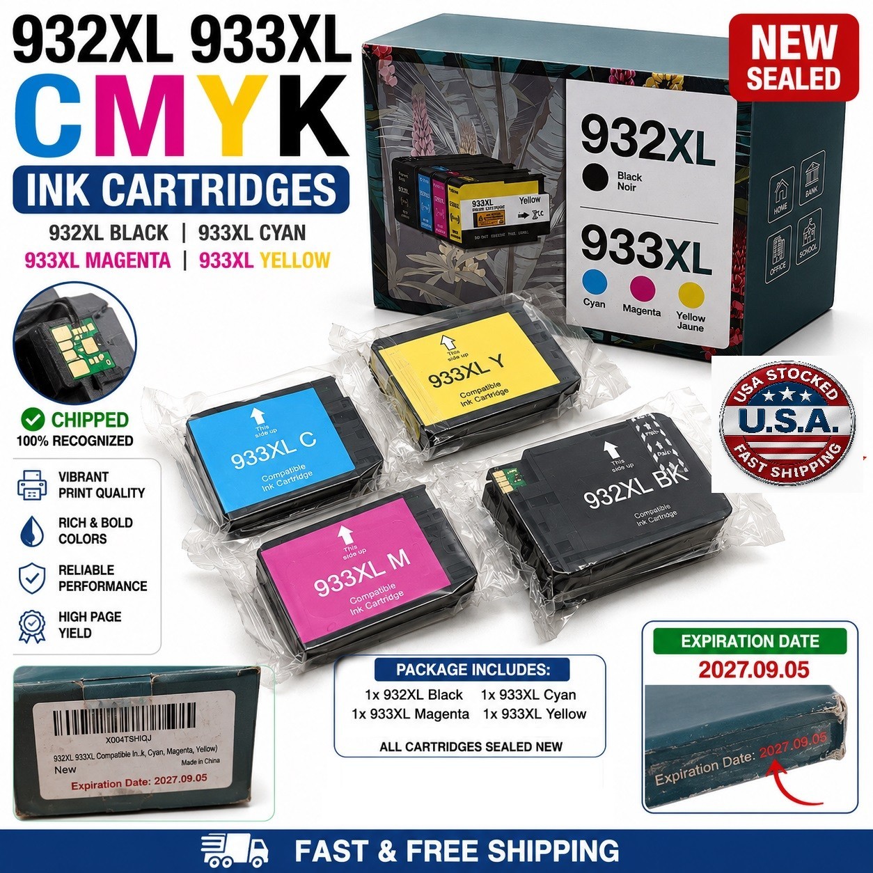 932XL 933XL Ink Cartridges 4PK For HP OfficeJet 6100 6600 6700 7110 7612
