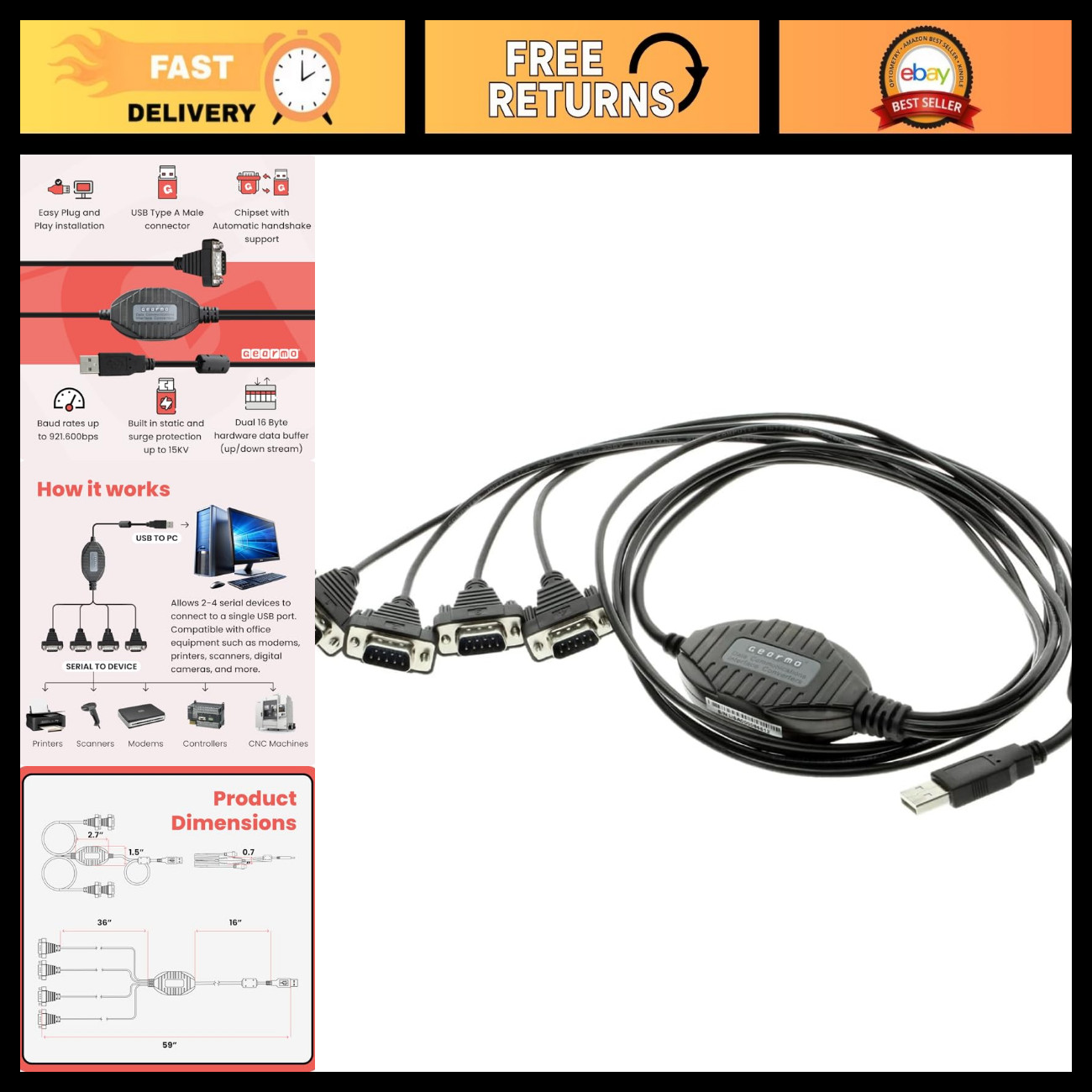 4-Port USB to RS232 Serial Adapter, FTDI Chip, Plug-and-Play, ESD Protection, 5f