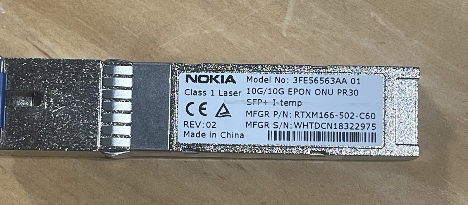 Nokia 3FE56563AA 01 10G/10G EPON ONU PR30 SFP+ I-TEMP CLASS 1 LASER
