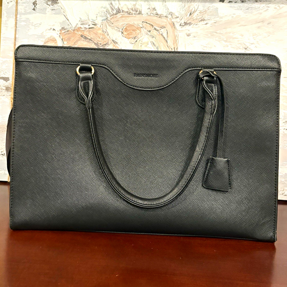 RAINSMORE Black Faux Leather Padded Laptop Tote Bag, Solid Pattern