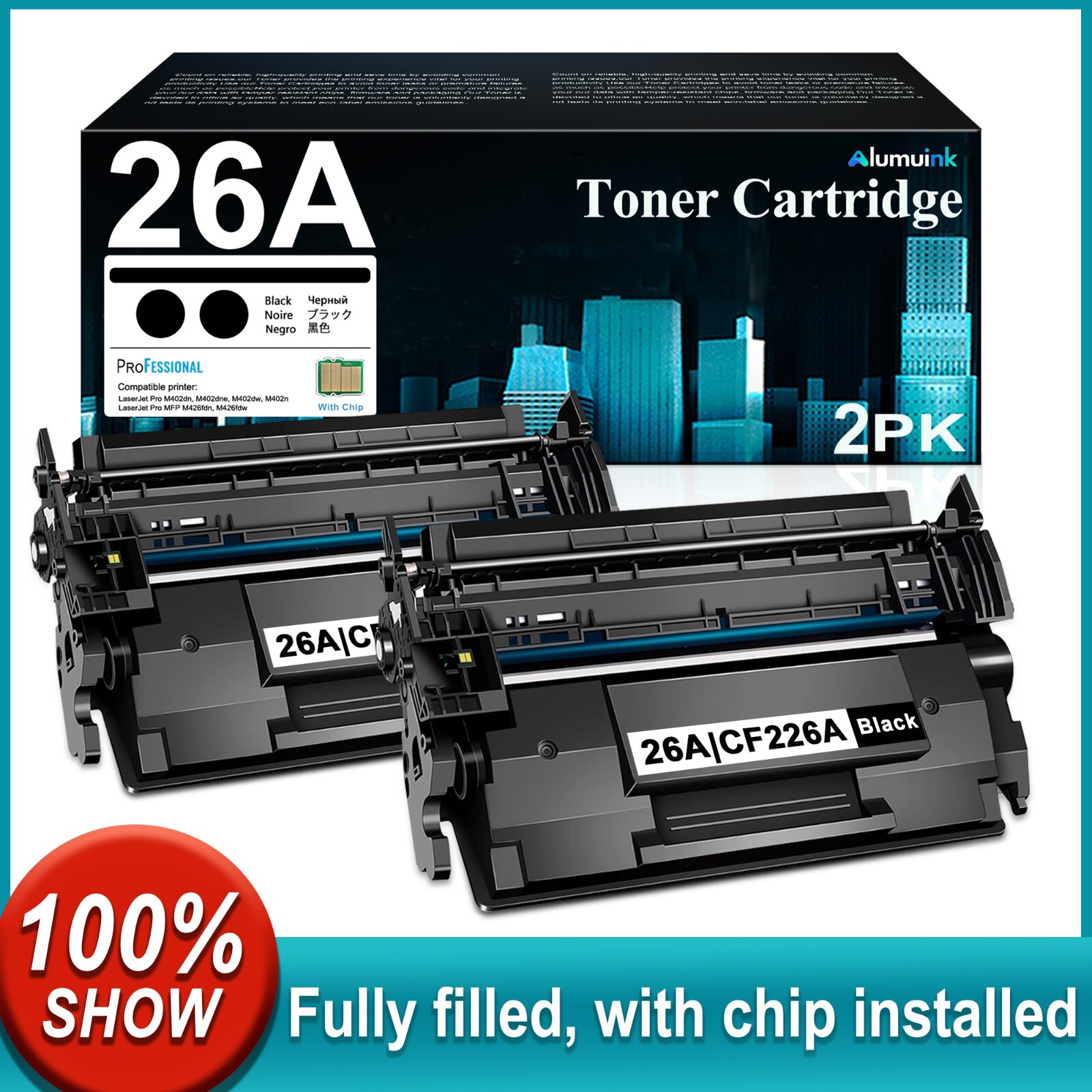 2PK 26A CF226A Black Toner Compatible for HP Pro MFP M426fdn, M402dn with Chip