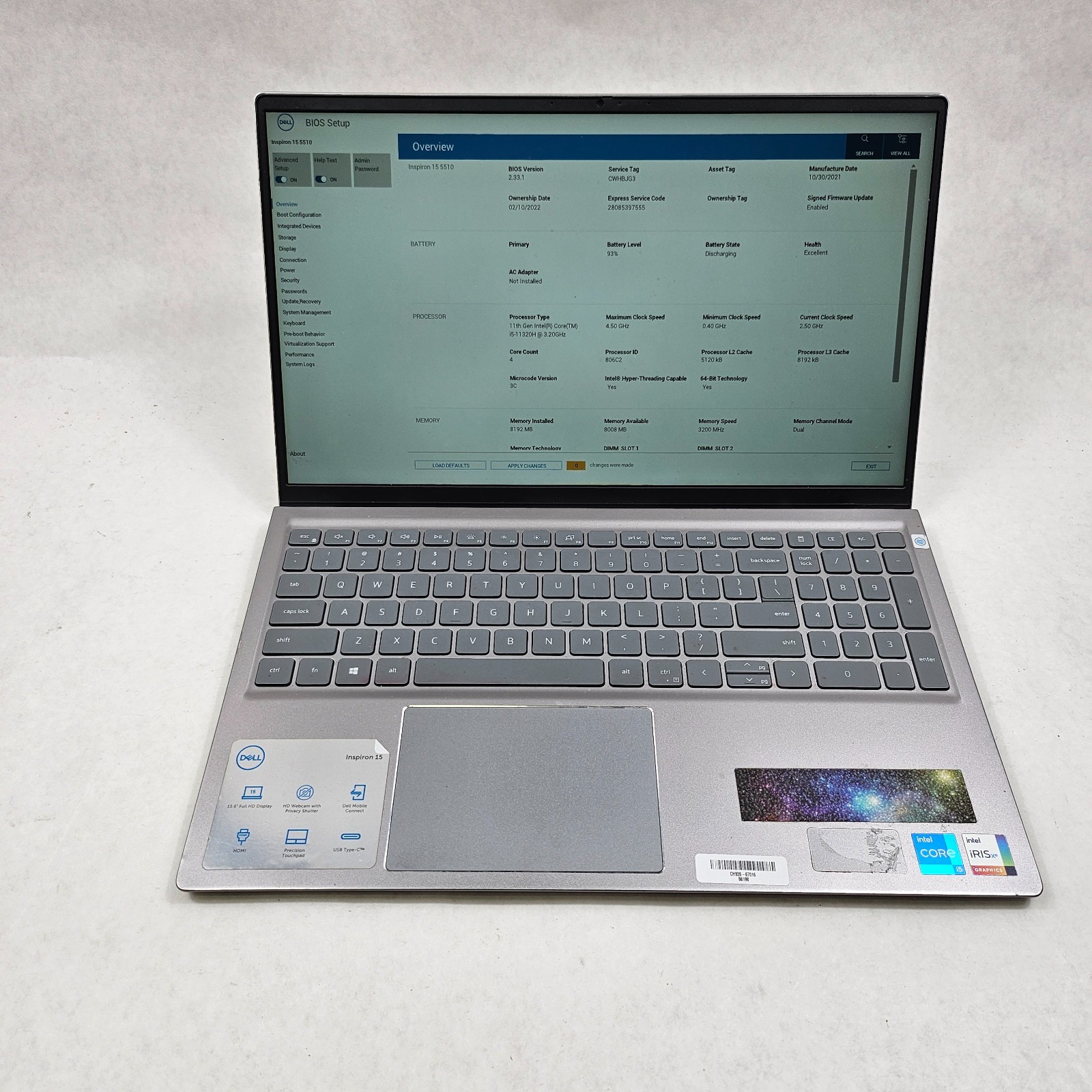 Dell Inspiron 15 5510 15.6" Intel Core i5-11320H 8GB RAM 256GB SSD No OS P106F
