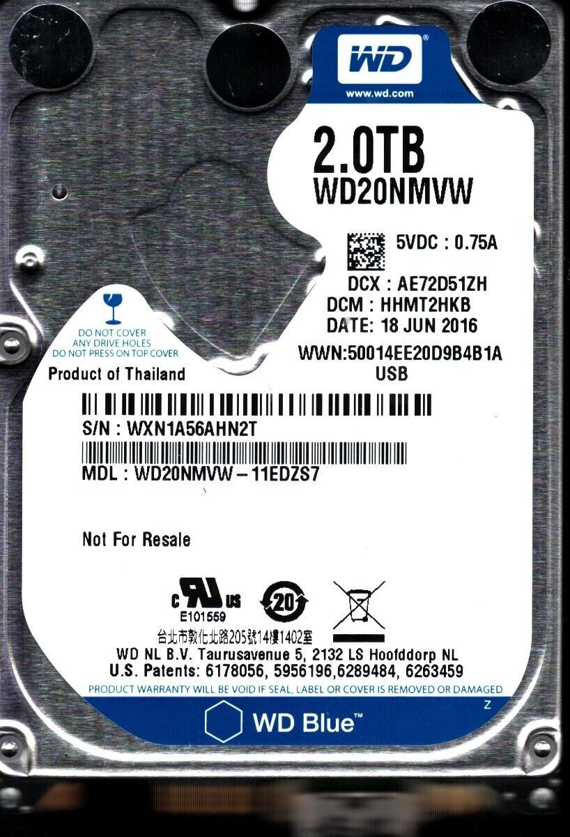 WD20NMVW-11EDZS7 S/N: WXN1A DCM: HHMT2HKB WESTERN DIGITAL 2TB THAILAND JUN 2016
