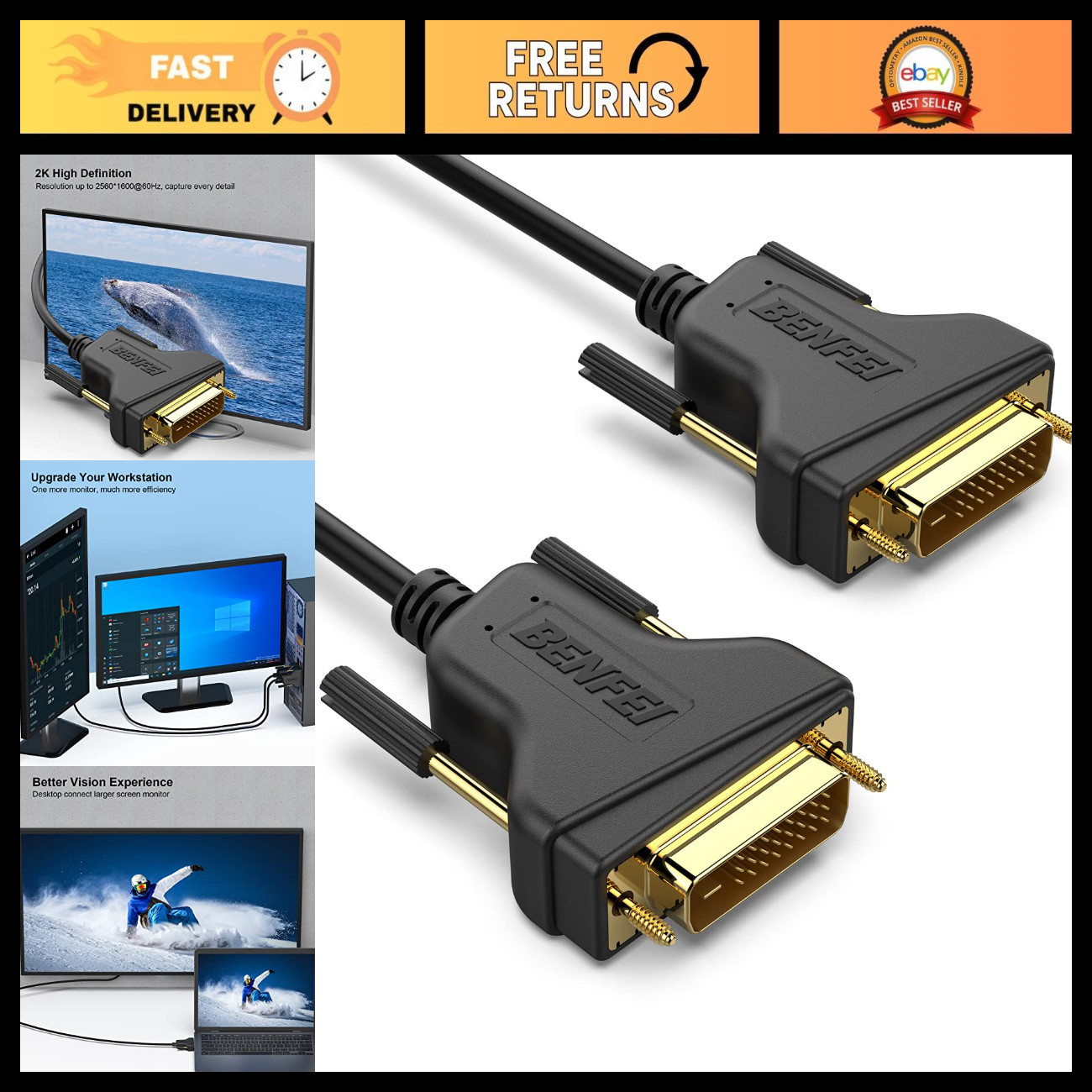 10ft DVI to DVI Cable, 2K@60Hz Dual Link, DVI-D Digital Video Connector