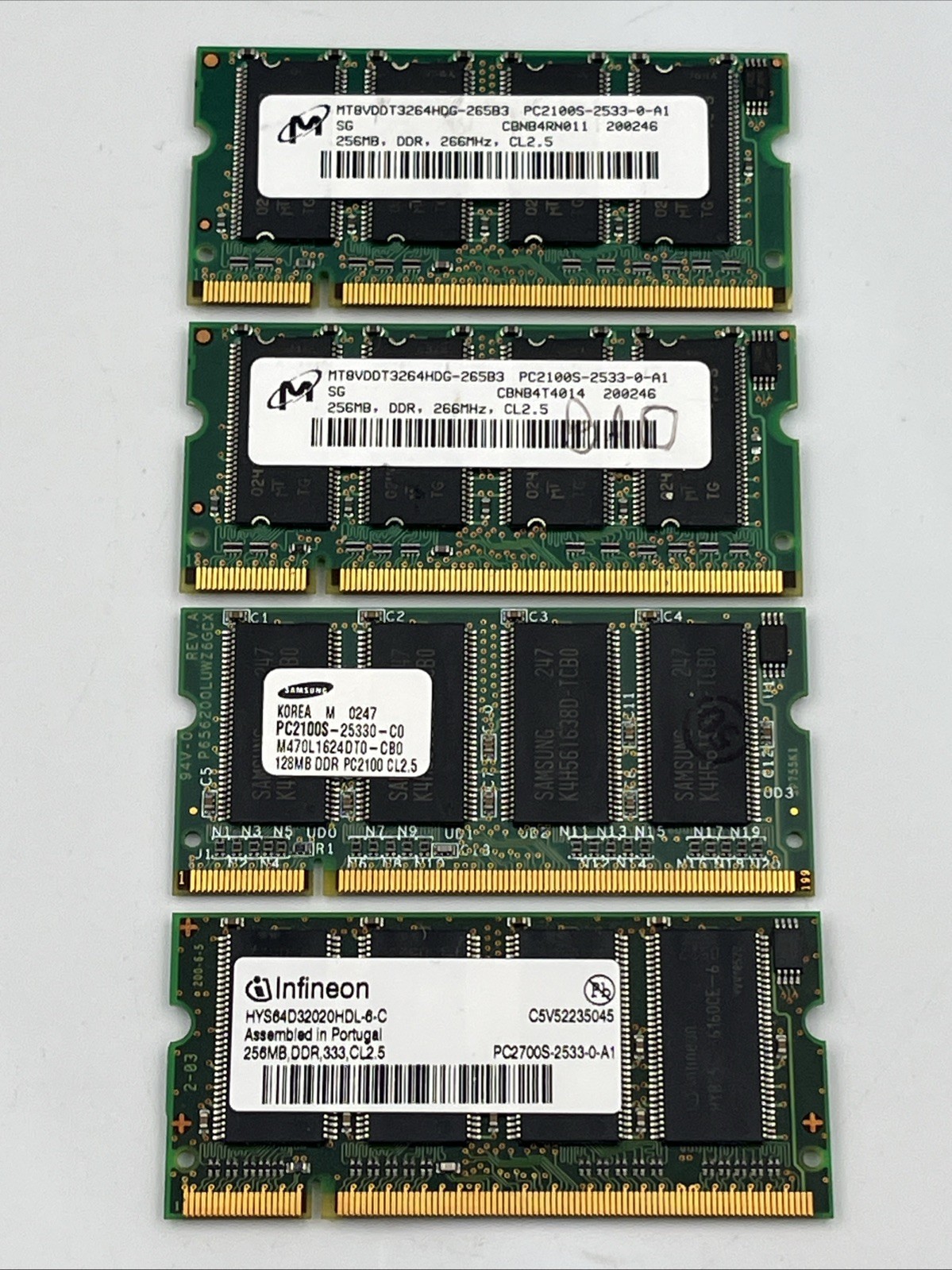 Lot of 4 DDR1 SODIMM Laptop Memory Sticks - Infineon Samsung Micron Mixed