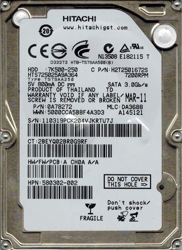 Hitachi HTS725025A9A364 P/N: 0A78272 MLC: DA3688 250GB