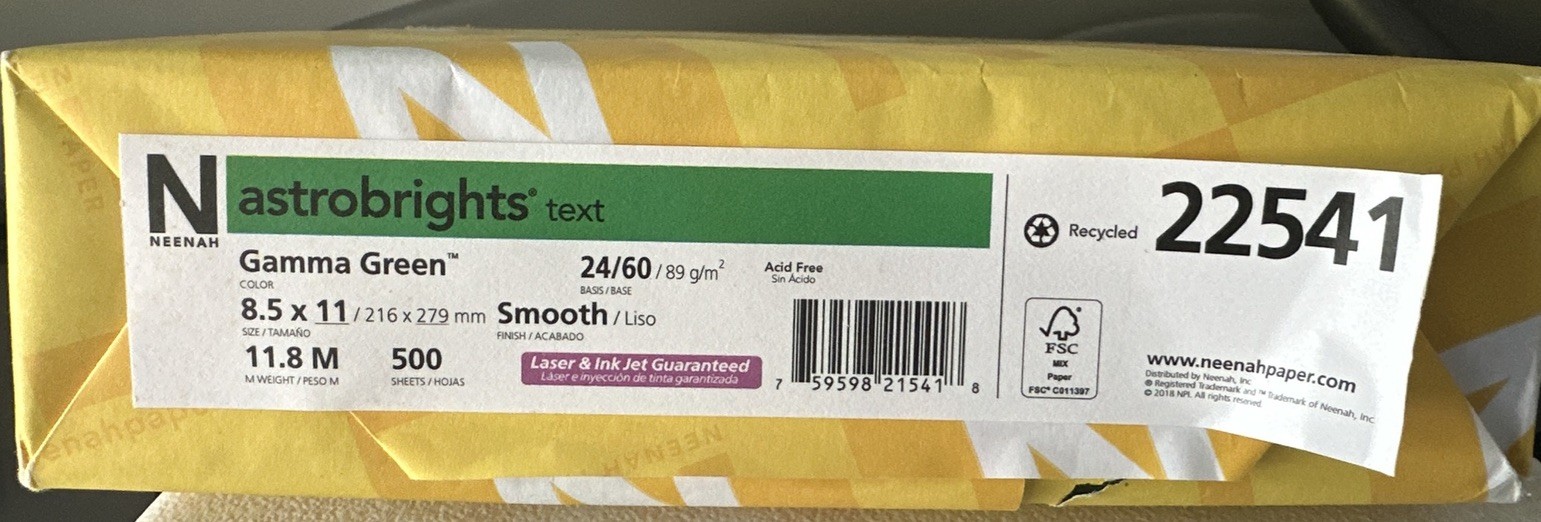 500 Sheets Neenah Astrobrights Gamma Green Copy Paper Text 8.5" x 11" 24lb