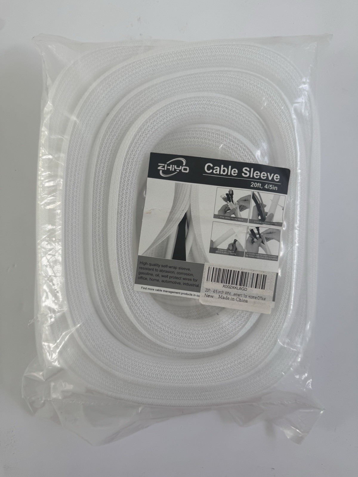 20ft White Cable Sleeve Cord Cover Wire Management Organizer Flexible Open Box