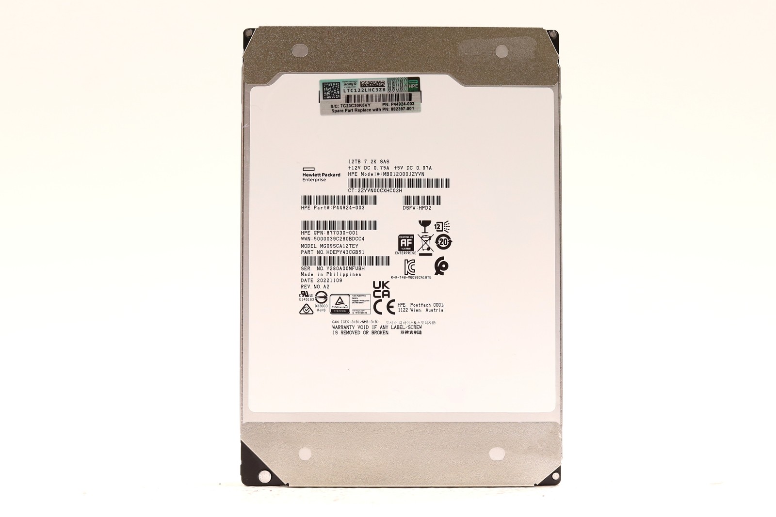 HPE MB012000JZYVN 12TB 3.5" 12Gb/s 7.2K RPM SAS Drive P/N: 877030-001 Tested