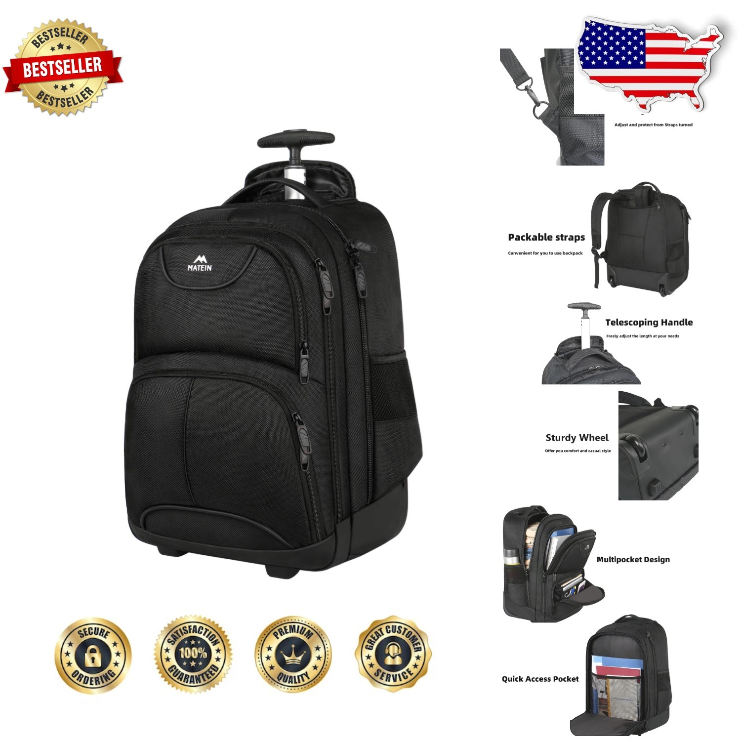 Versatile 18 Inch Travel Backpack, Wheeled, 45L, Durable, Water Resistant, Black