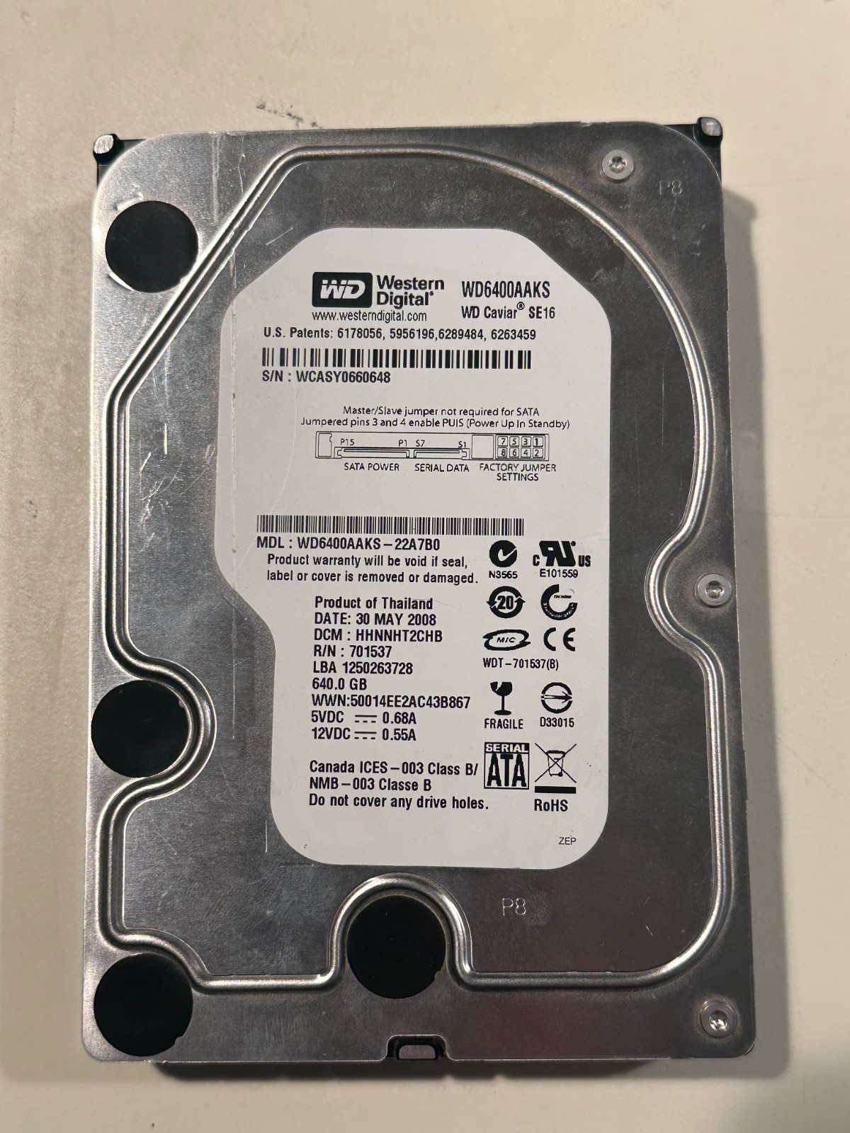 Western Digital 3.5" SATA 640GB Hard Drive WD6400AAKS Wiped & Formatted