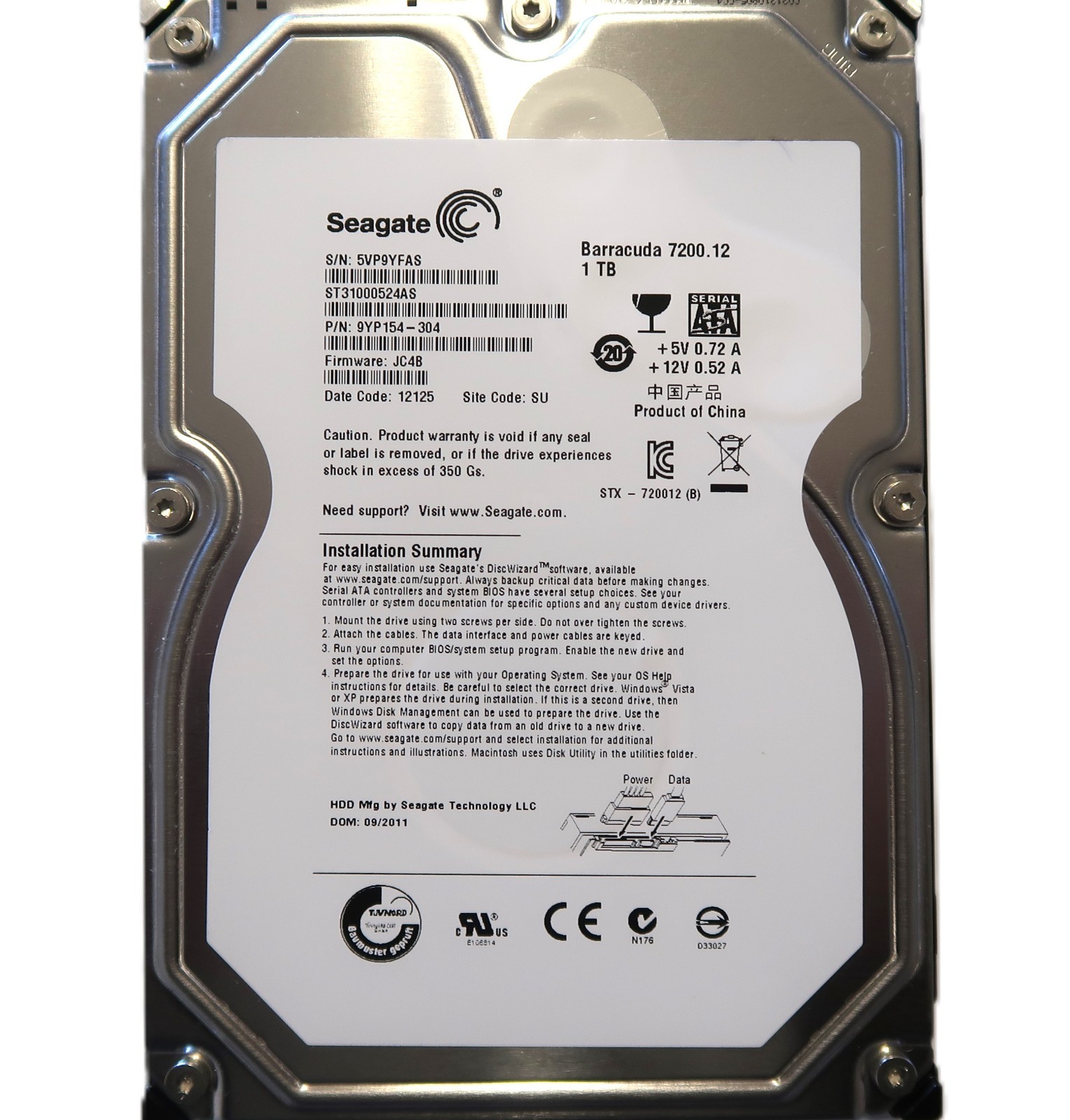Seagate ST31000524AS 9YP154-304 JC4B (5VP) SU China 3.5" 1TB Sata HDD SEP/2011