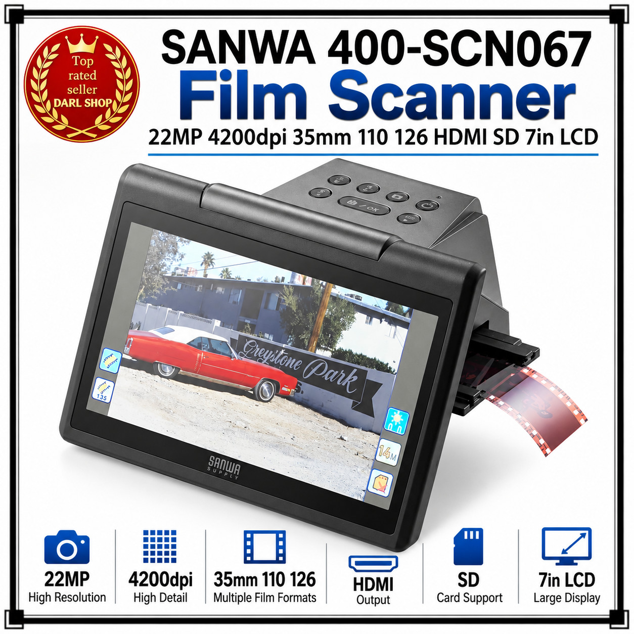SANWA 400-SCN067 Film Scanner 22MP 4200dpi 35mm 110 126 HDMI SD 7in LCD