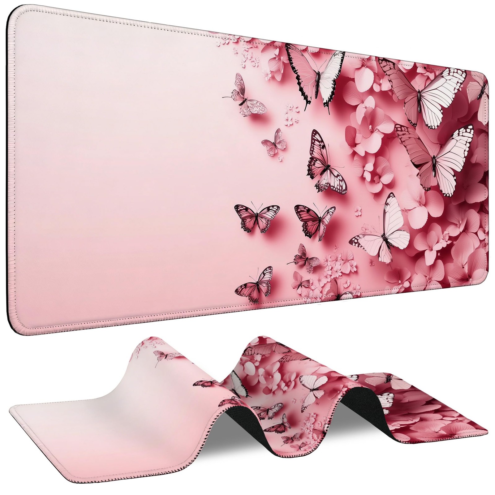 Pink Butterfly Pad Large Floral Desk Mat with Stitched Edges