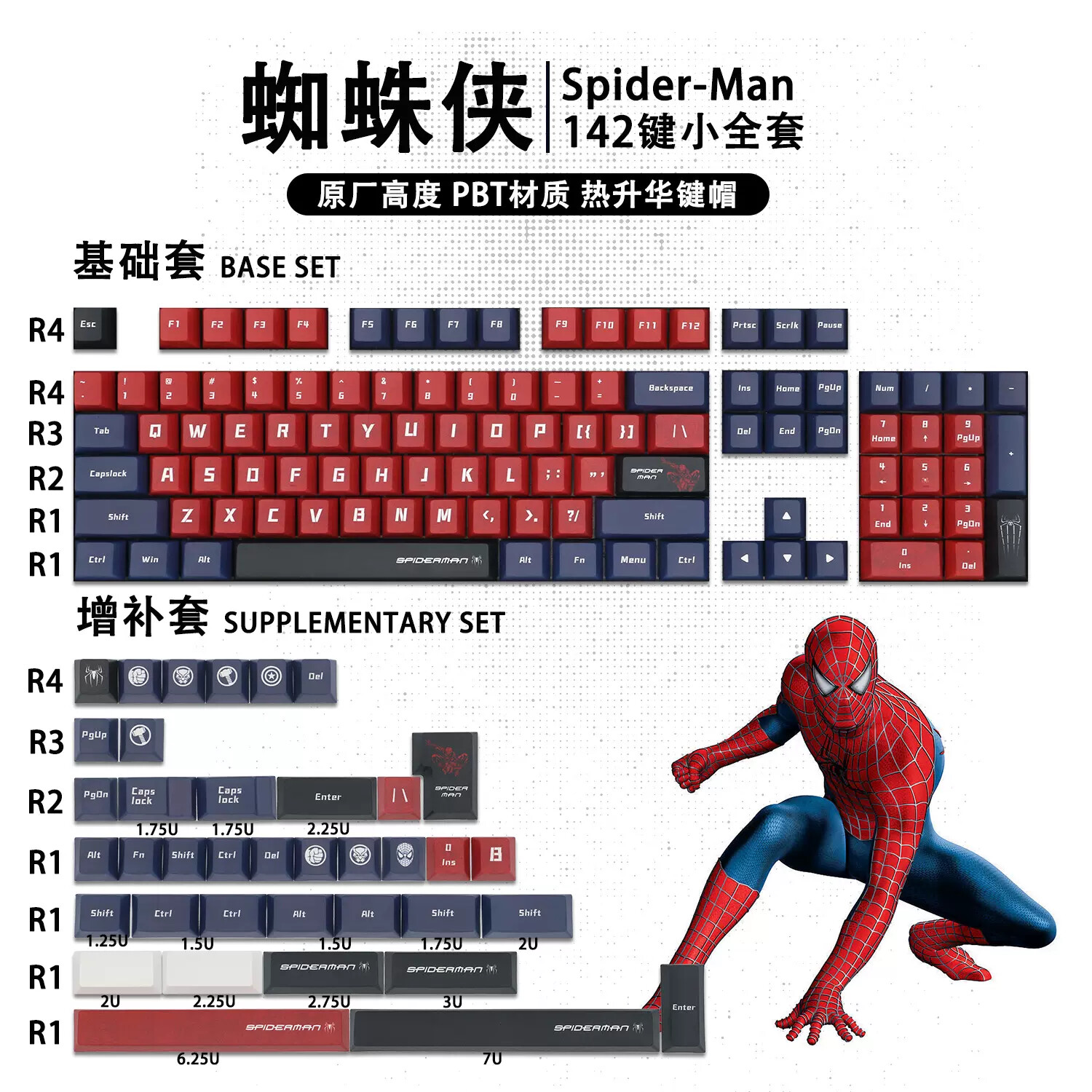 Marvel Spiderman 142 Keycap Set PBT Cherry Profile for Mechanical Keyboard Gift