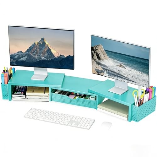 Metal Desk Organizers and Accessories, Dual Monitor Stand Riser with Blue