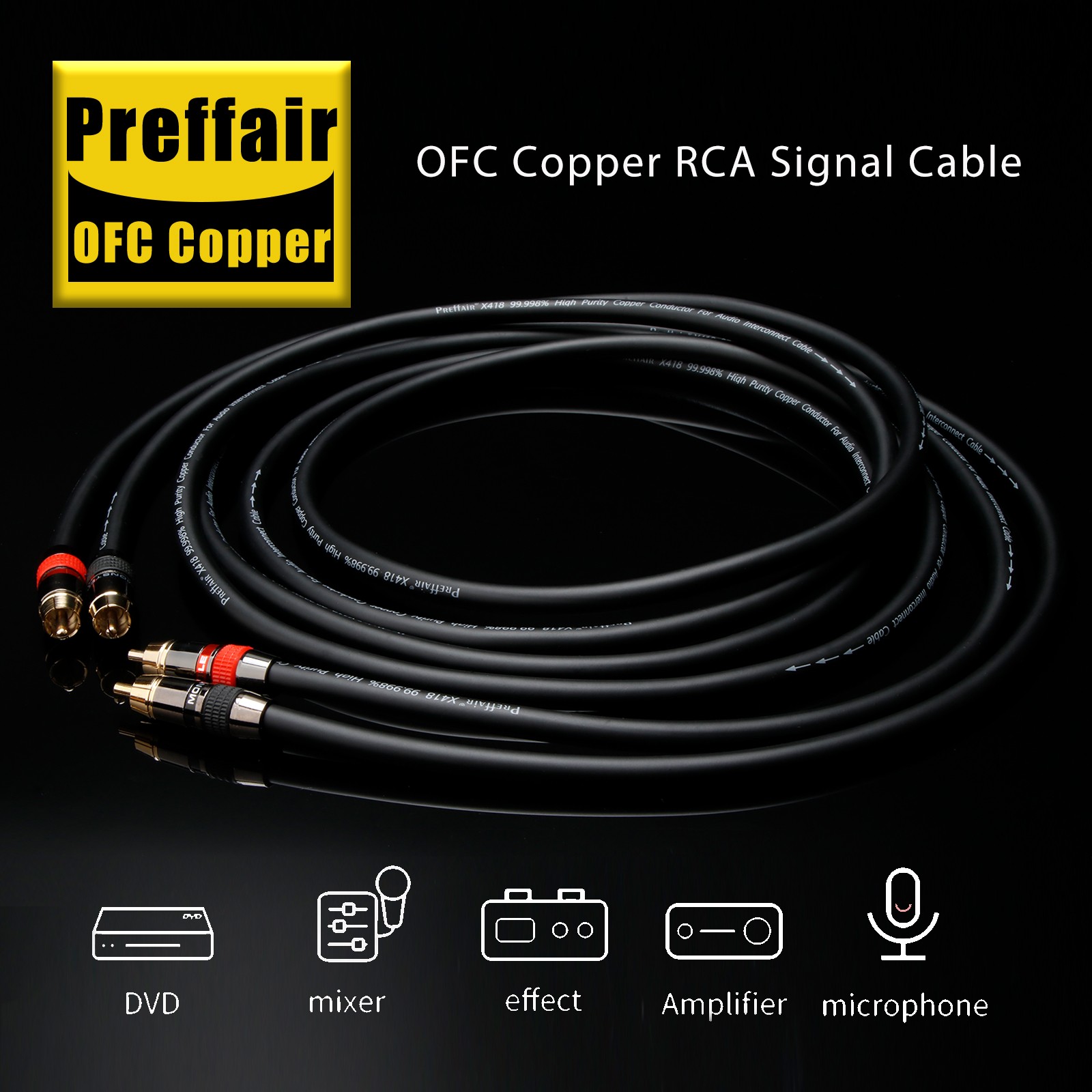 Preffair 15 AWG HIFI OFC Copper Audio Cable & Gold Plated RCA Plug Signal Cable