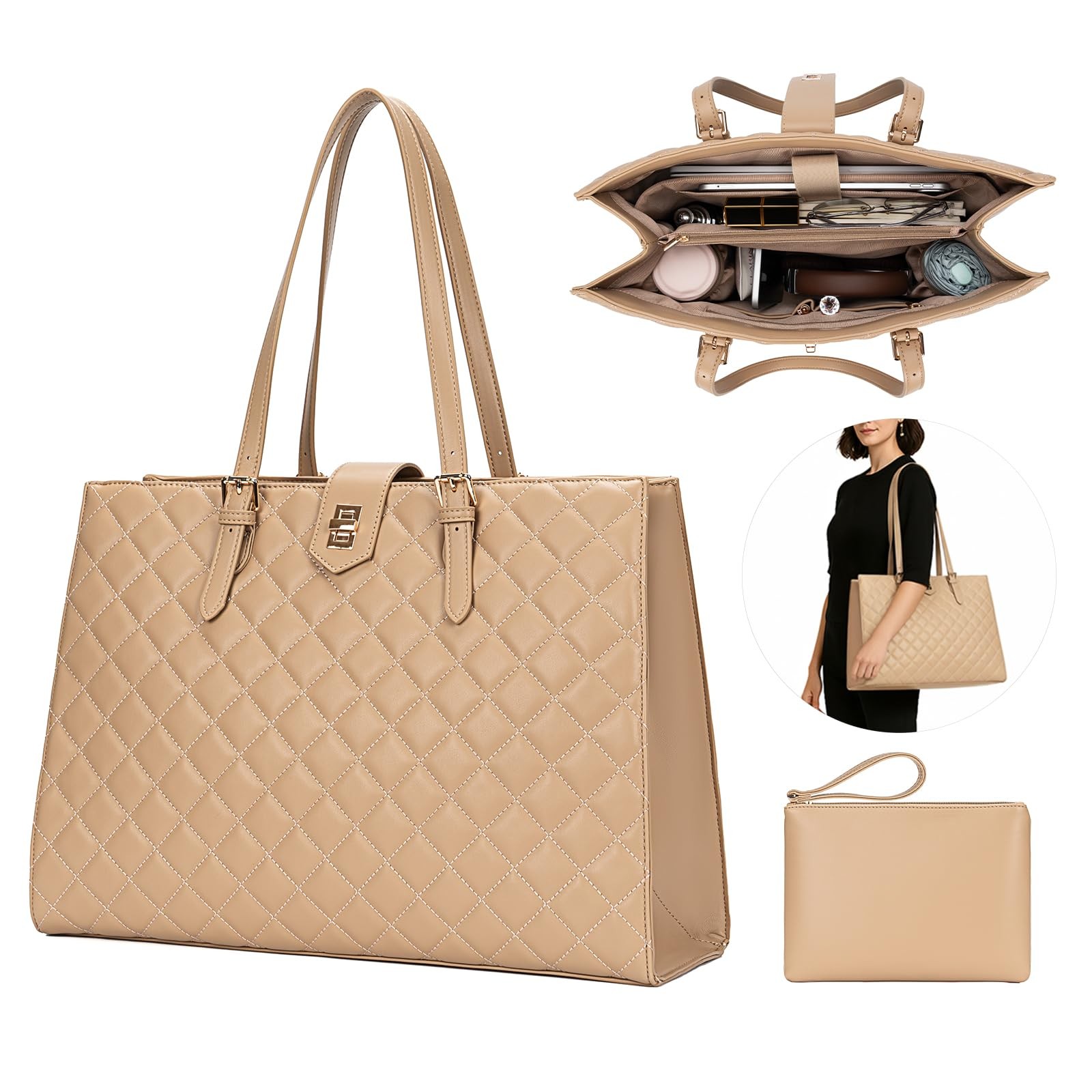 Quilted Laptop Tote Bag for Women, Large Capacity Work Tote with Laptop Compa...
