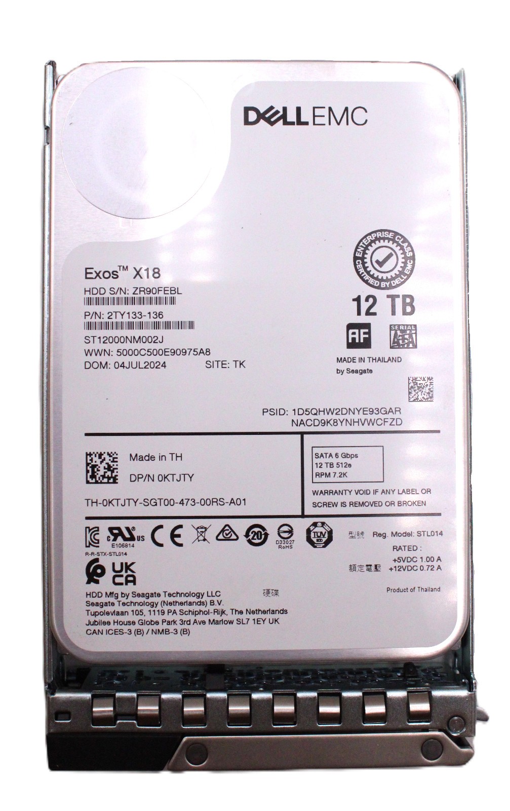 Dell/Seagate Exos X18 12TB ST12000NM002J 7.2K RPM SATA 6GB/s 3.5" Enterprise HDD