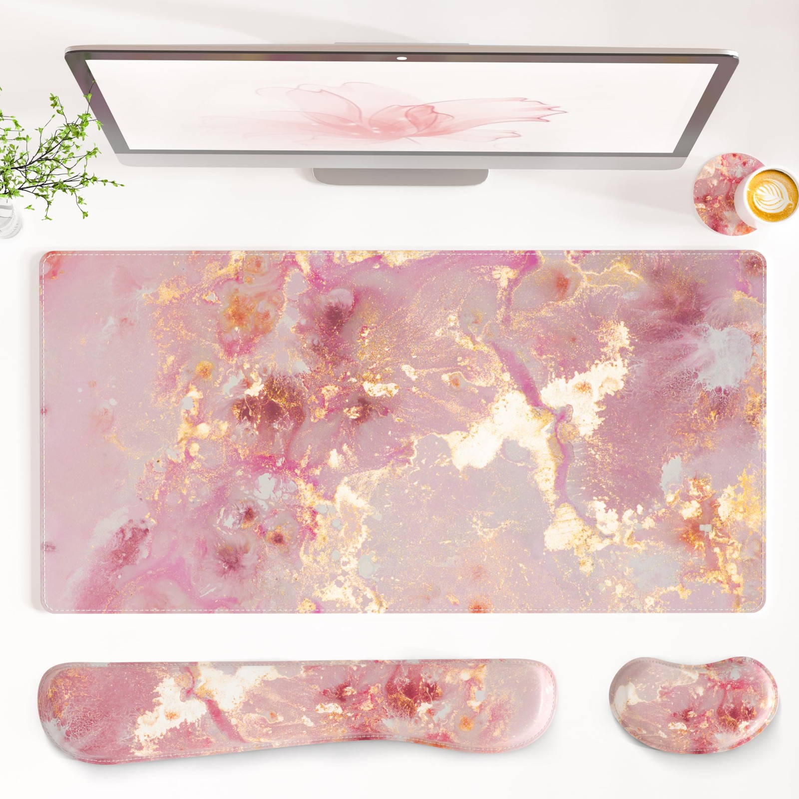 QiyI PU Leather Desk Mat Set, 4in1 Ergonomic Wrist Rest, Pink Marble