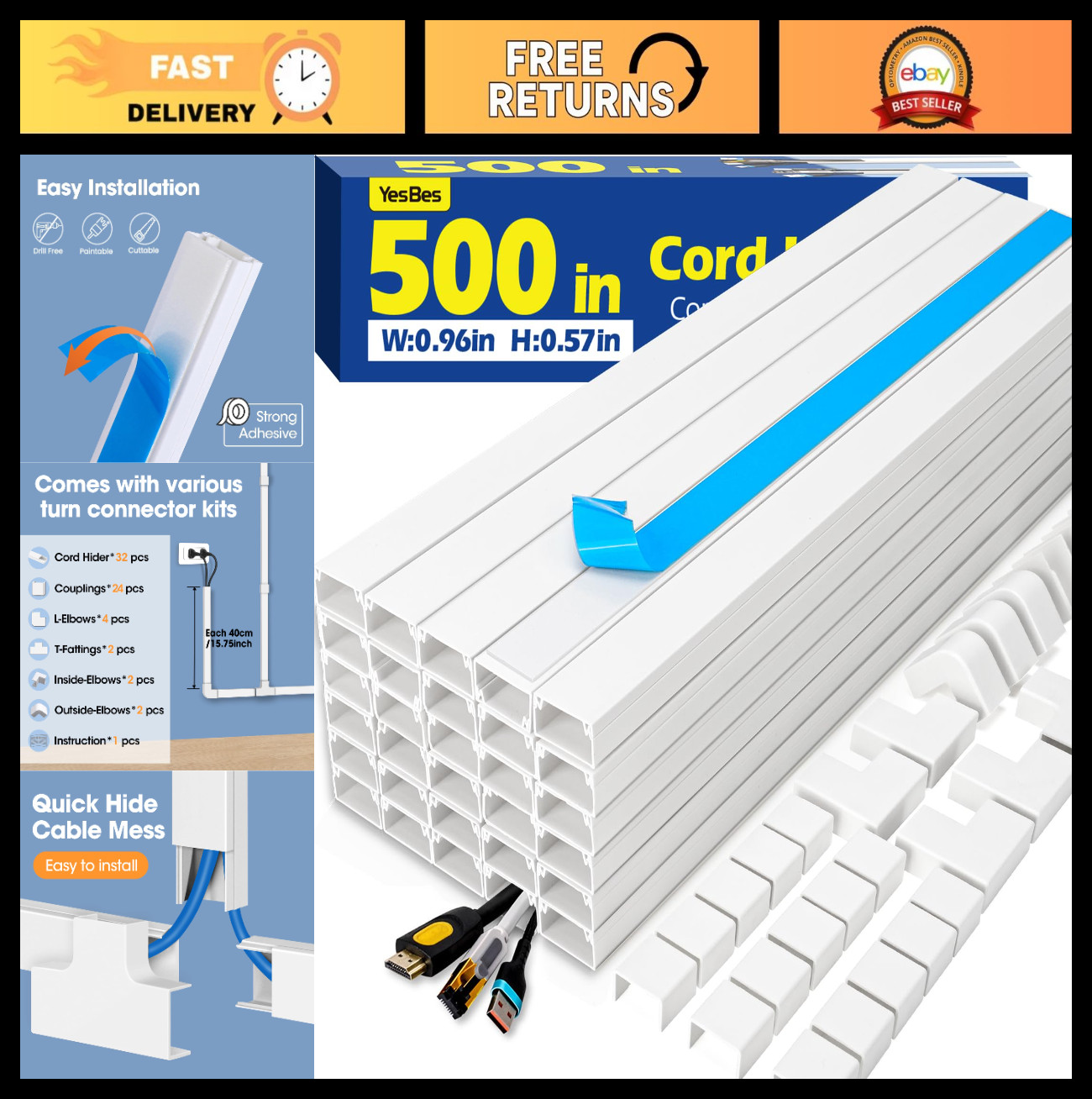 500in Cord Hider Kit - Paintable Cable Raceway for Wall-Mounted TV, Wire Covers