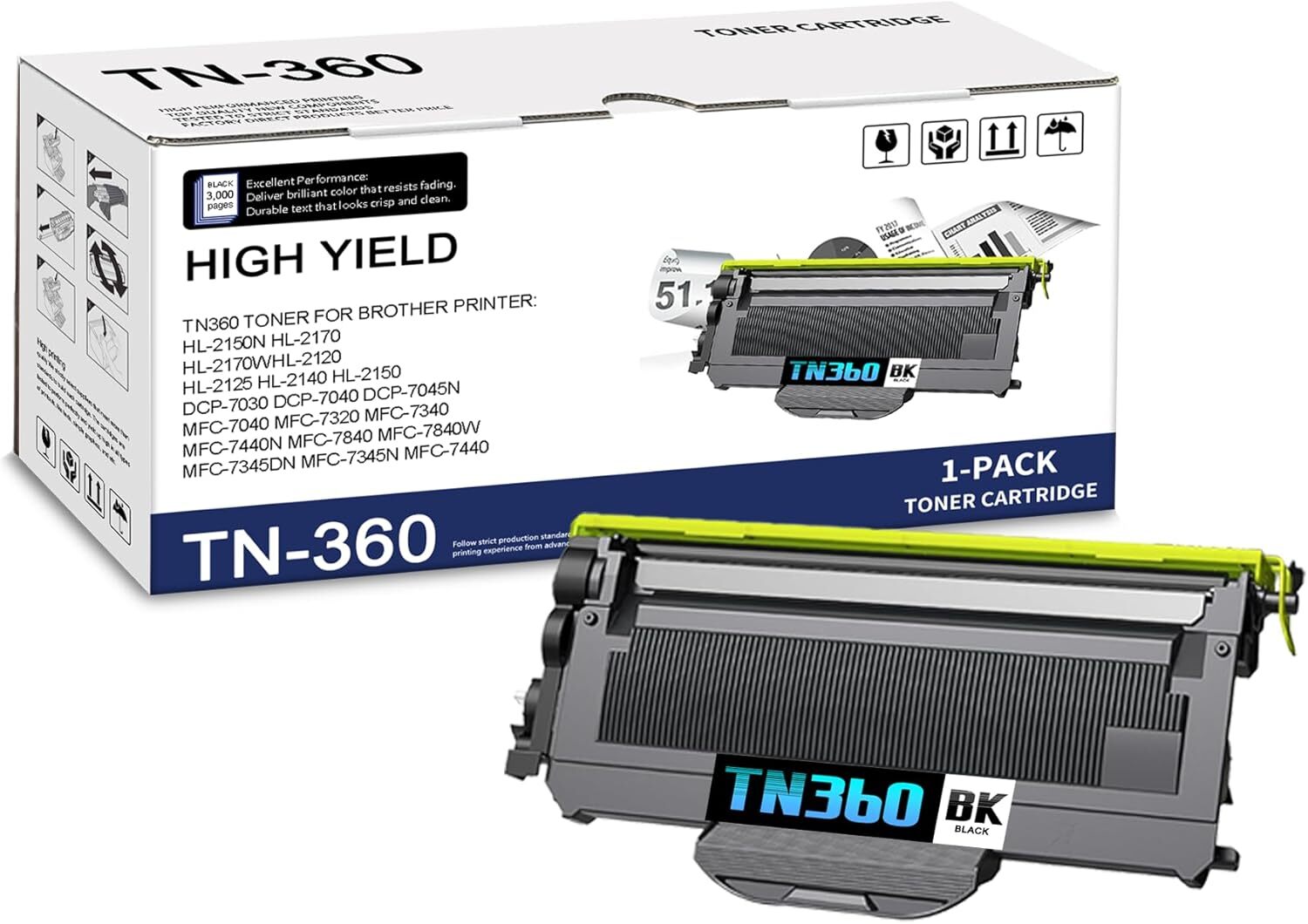 1PK TN360 Toner Cartridge For Brother TN330 HL-2140 HL-2170W MFC-7340 MFC-7840W