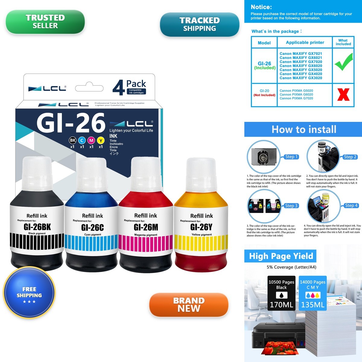 LCL GI-26 GI26 Ink Bottles Replacement Canon 26 GI26 GI-26 Ink Refill Bottles