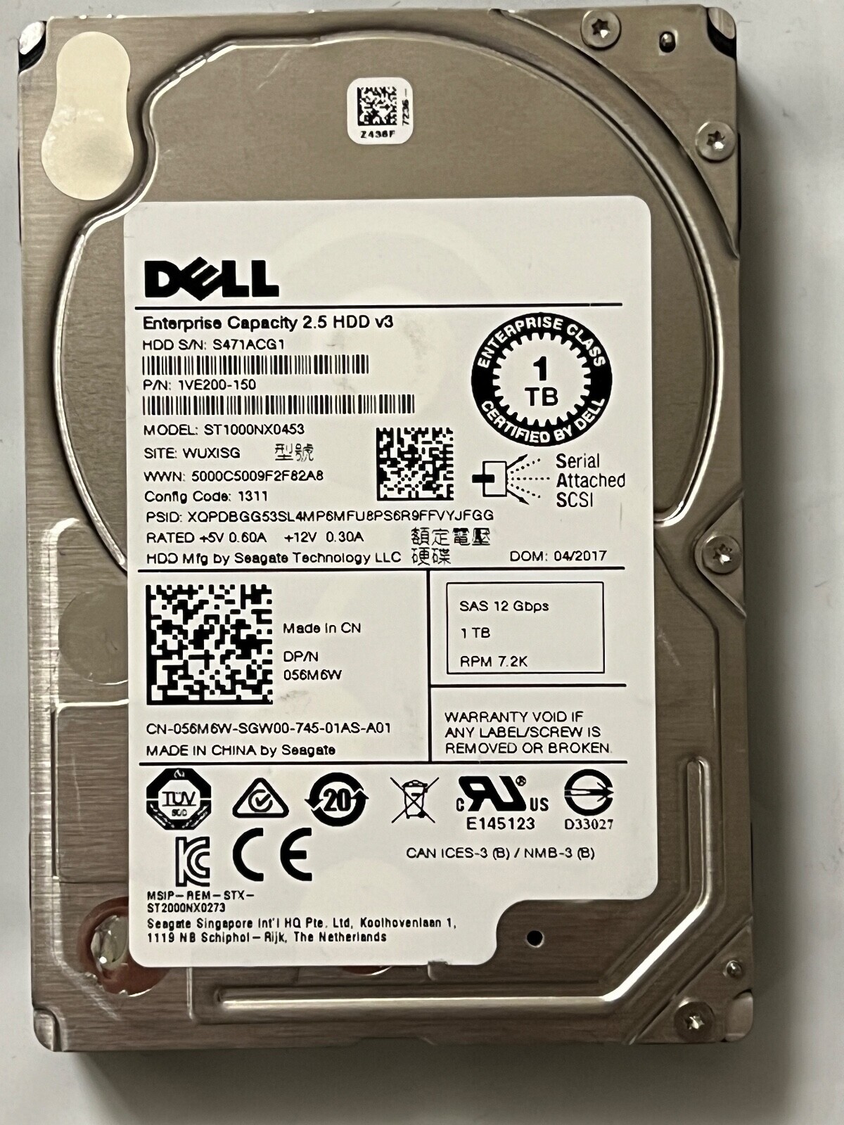 Dell 1TB SAS 12Gbps 7.2K 2.5 inch HDD ST1000NX0453 1VE200-150