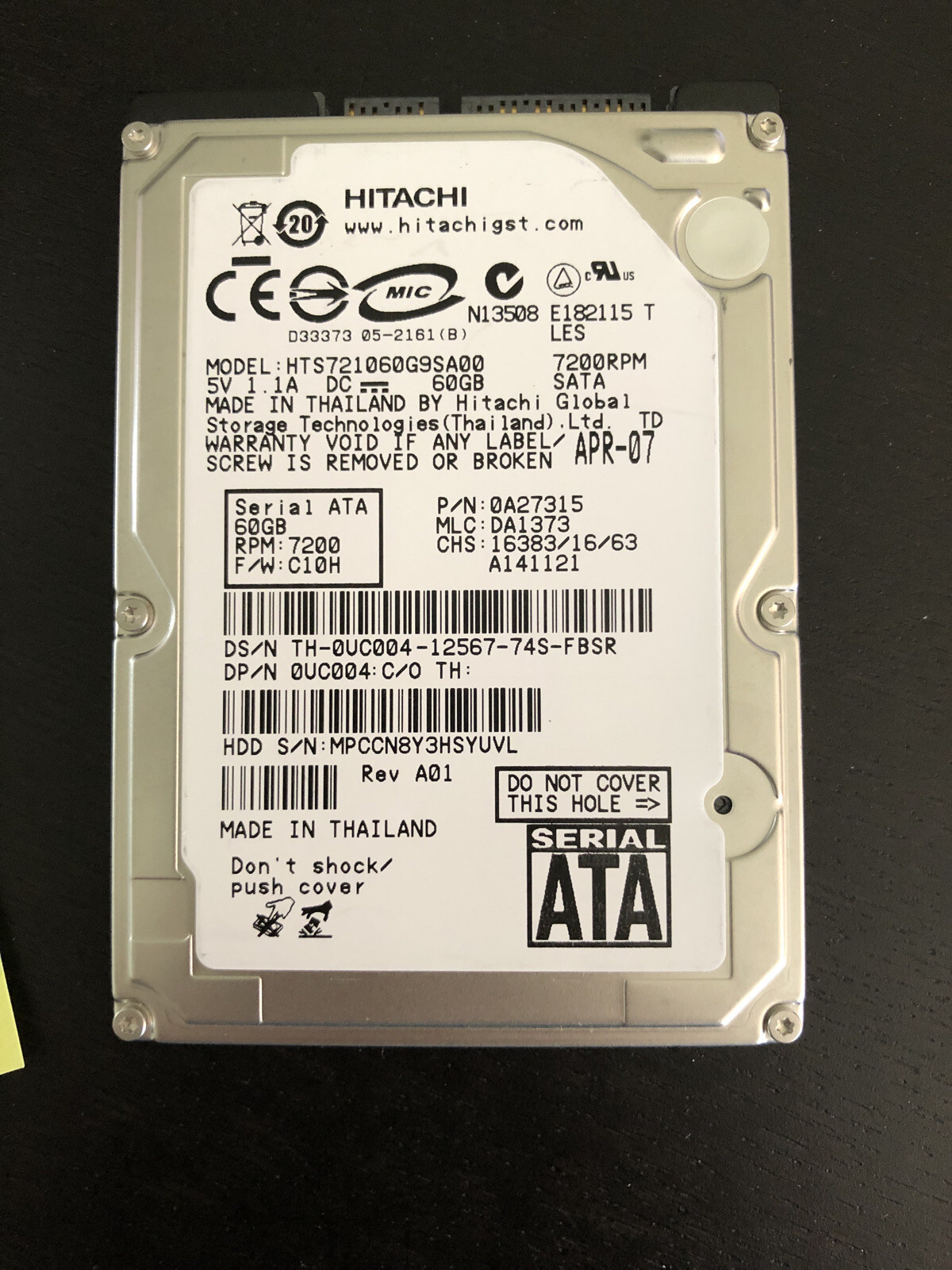 Hitachi HTS721060G9SA00 60GB Internal 7200RPM 2.5" (0A26565)