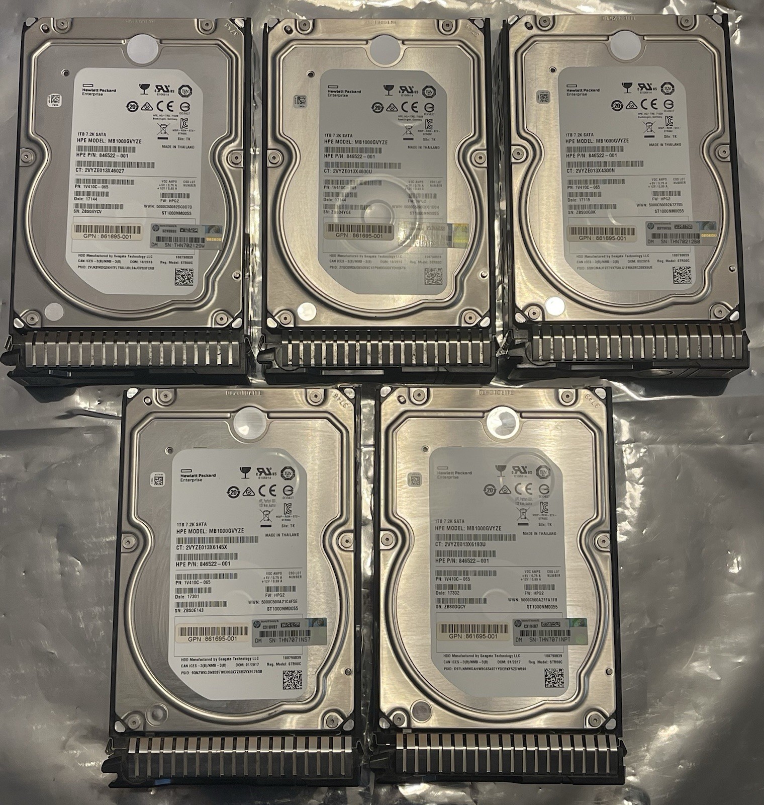 Qty.5 HPE Seagate 1TB 7.2k SATA Drive 846522-001 MB1000GVYZE READ