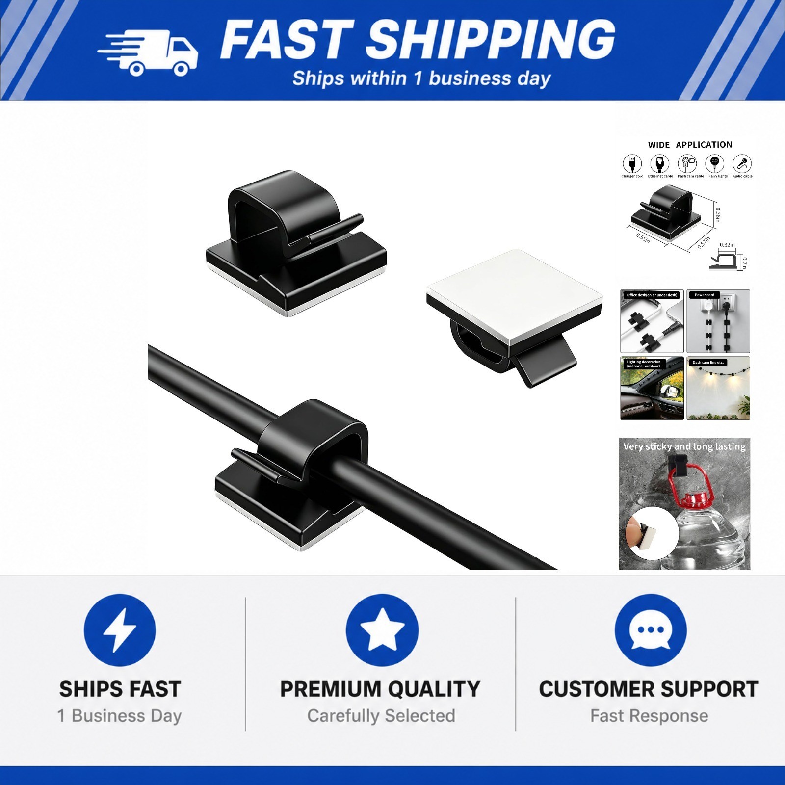 10 Pack Adhesive Cable Clips for Cord Management, Small Wire Holders for Desk
