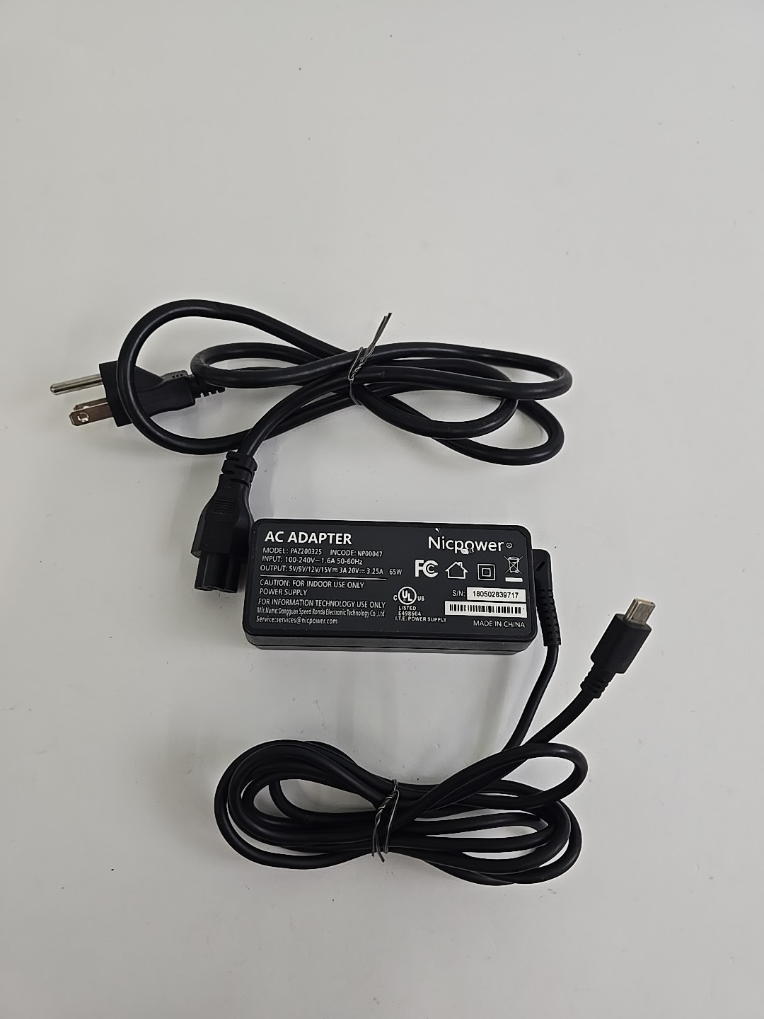 NICPOWER AC ADAPTER PAZ200325 20V 3.25A 65 WATT