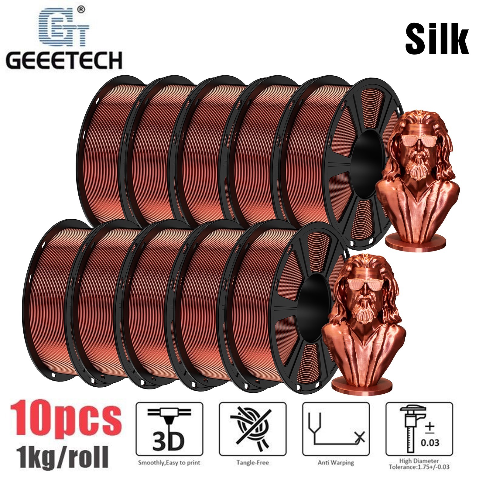 10KG 1KG/Roll Geeetech Silk copper PLA Filament 1.75mm 3D Printer Consumables