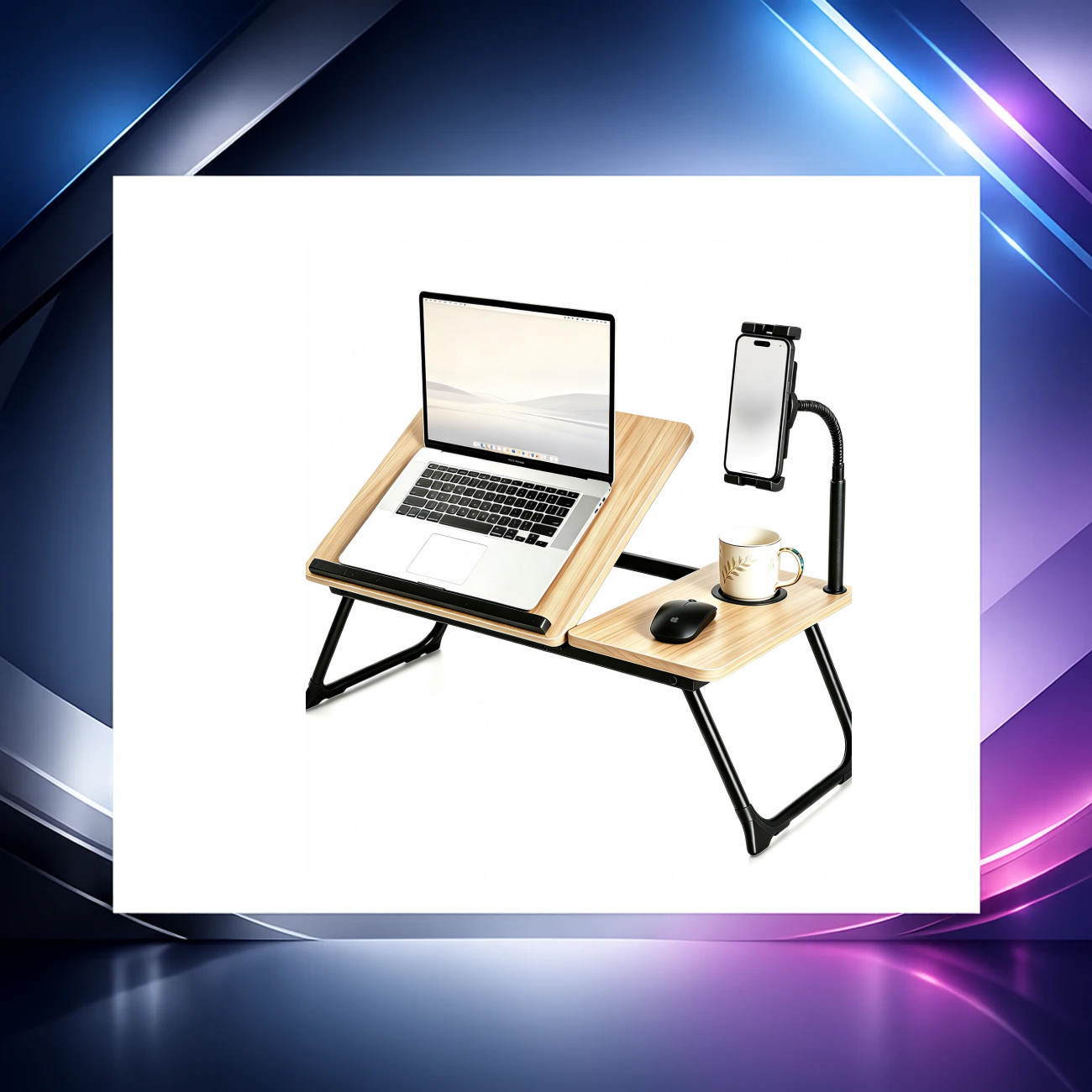 Foldable Lap Desk for Bed & Sofa, Portable Laptop Tray with Gooseneck Phone Stan