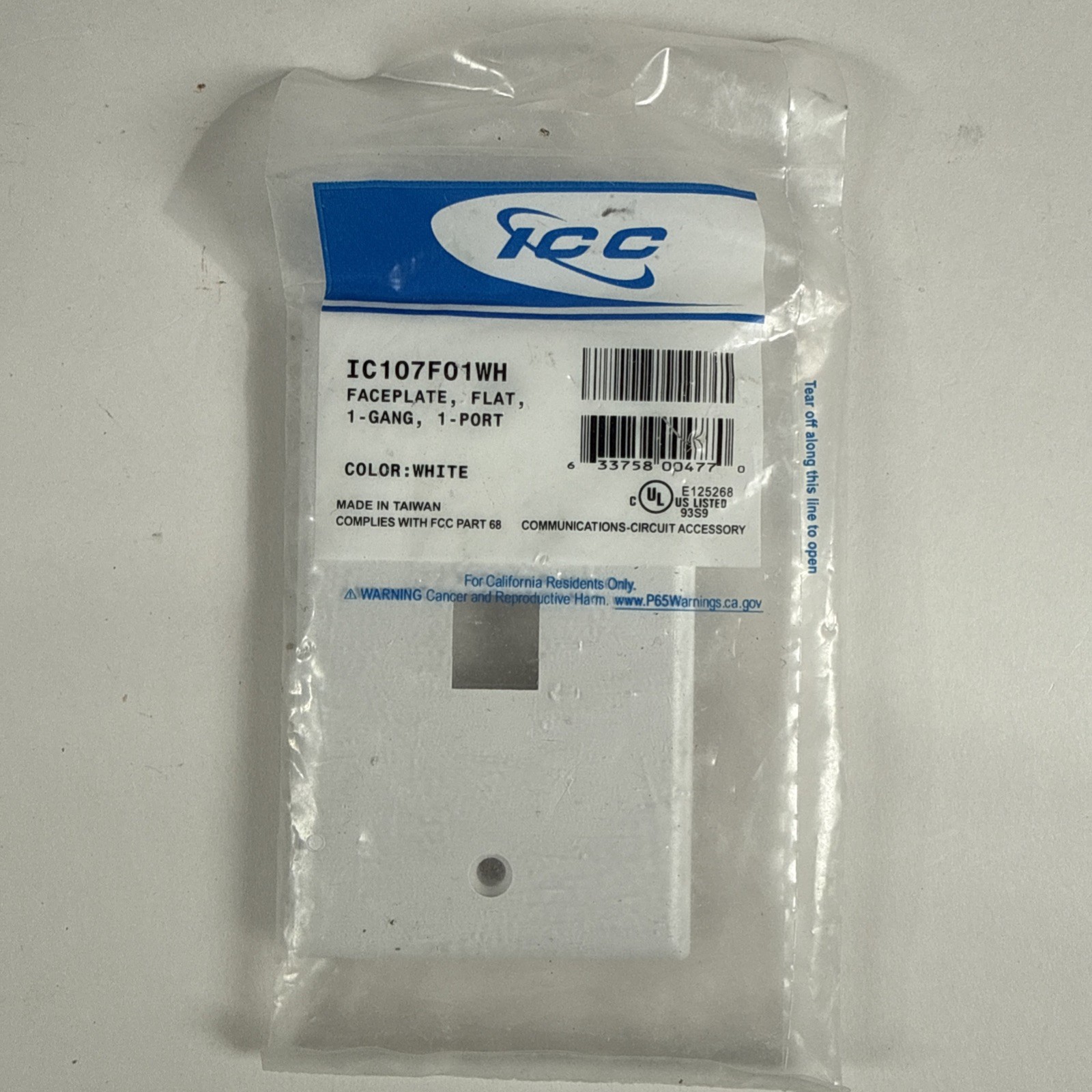 ICC ICC-IC107F01WH FACEPLATE- FLAT- 1-GANG- 1-PORT- WHITE (B2) 