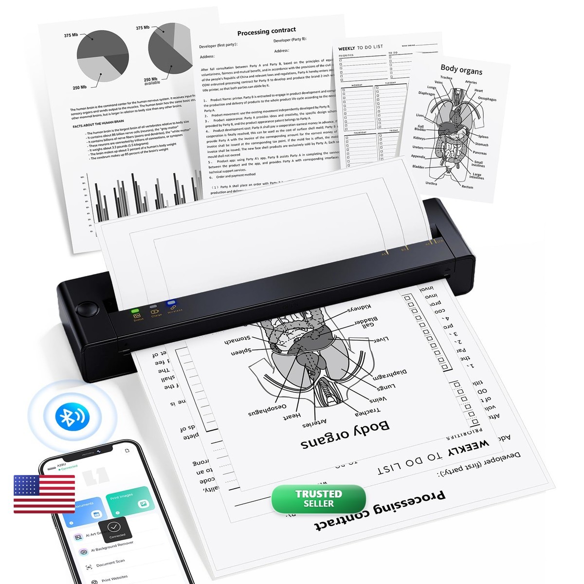 TATTMUSE A28U Portable Printer Wireless Inkless Thermal For Travel 8.5 x 11