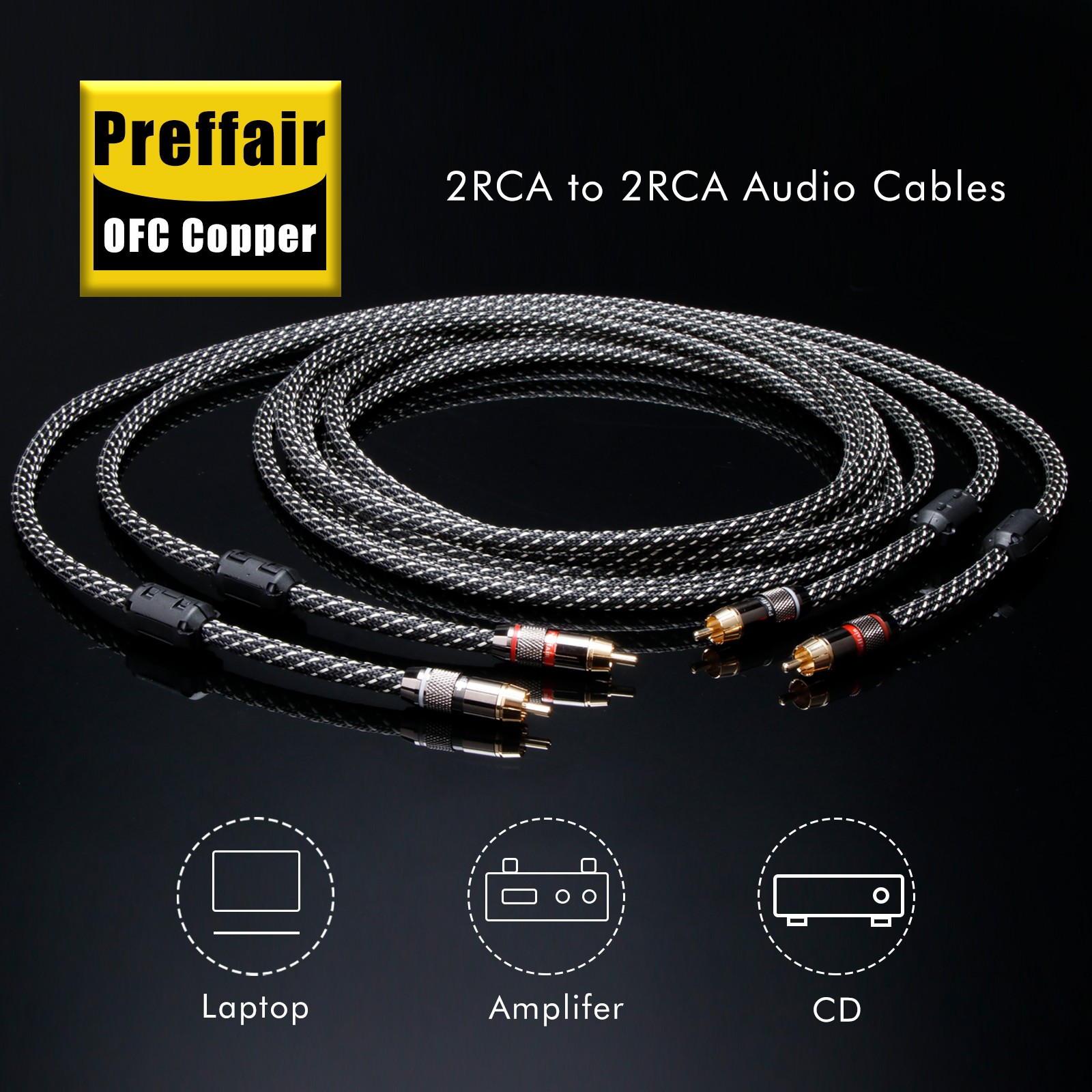 Pair Shielded OFC HiFi RCA Audio Cable With Gold Plated Signal Interconnect Cord