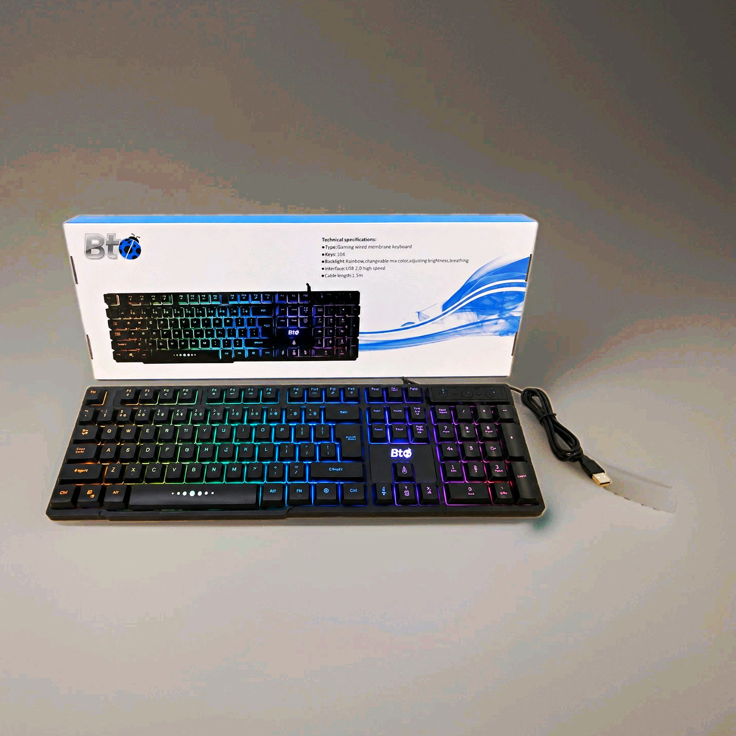 BtQ Gaming Wired Membrane Keyboard Rainbow Backlit USB 2.0 QWERTY Black