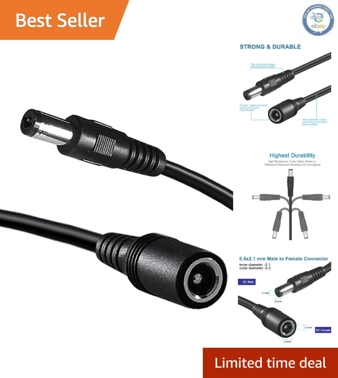 Versatile 6FT 12V DC Power Extension Cord 5.5mm x 2.1mm for CCTV & LED Strips