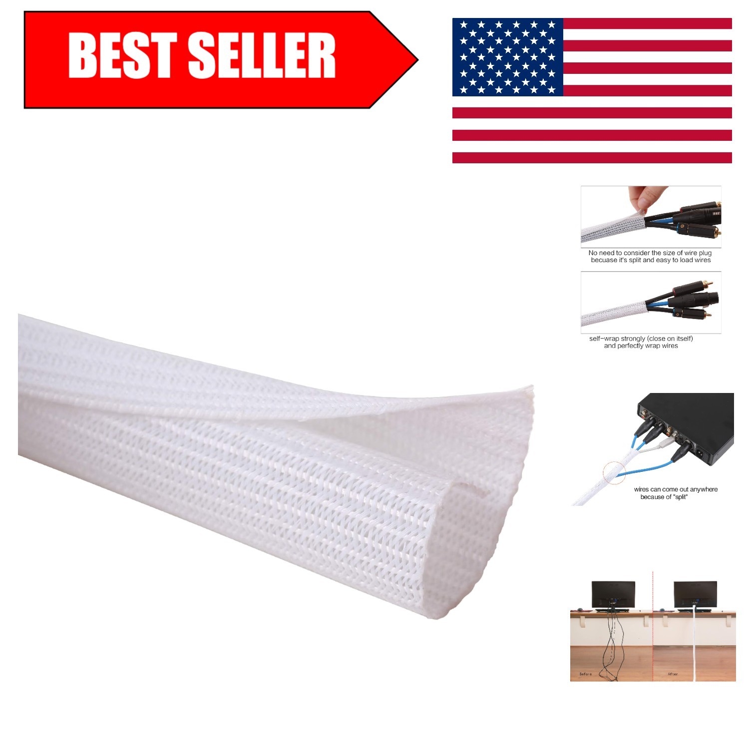 Durable 10ft Split Cable Sleeve - 1/2'' Insulated Wire Loom for Pet Safety